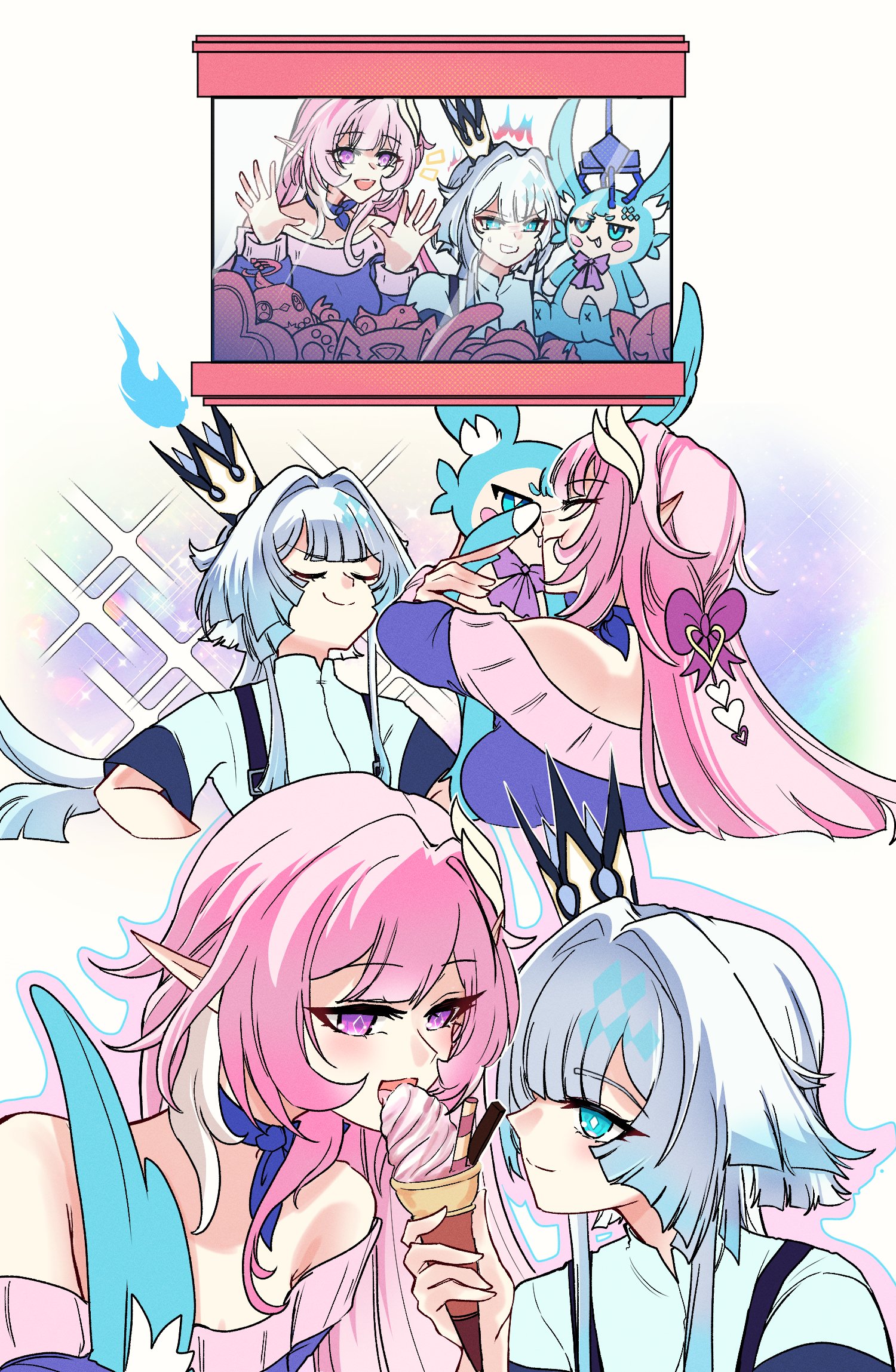 choikfu, cerydra (honkai: star rail), cyrene (honkai: star rail), cyrene (ripples of past reverie) (honkai: star rail), mem (honkai: star rail), honkai: star rail, honkai (series), commentary, english commentary, highres, 2girls, alternate costume, blue eyes, blue hair, breasts, crane game, crown, diamond-shaped pupils, diamond (shape), hair intakes, ice cream cone, jacket, large breasts, licking food, long hair, multicolored hair, multicolored jacket, multiple girls, pink hair, pointy ears, purple eyes, purple shirt, shirt, smug, stuffed toy, symbol-shaped pupils, two-tone hair, two-tone jacket, very long hair, white hair, yuri