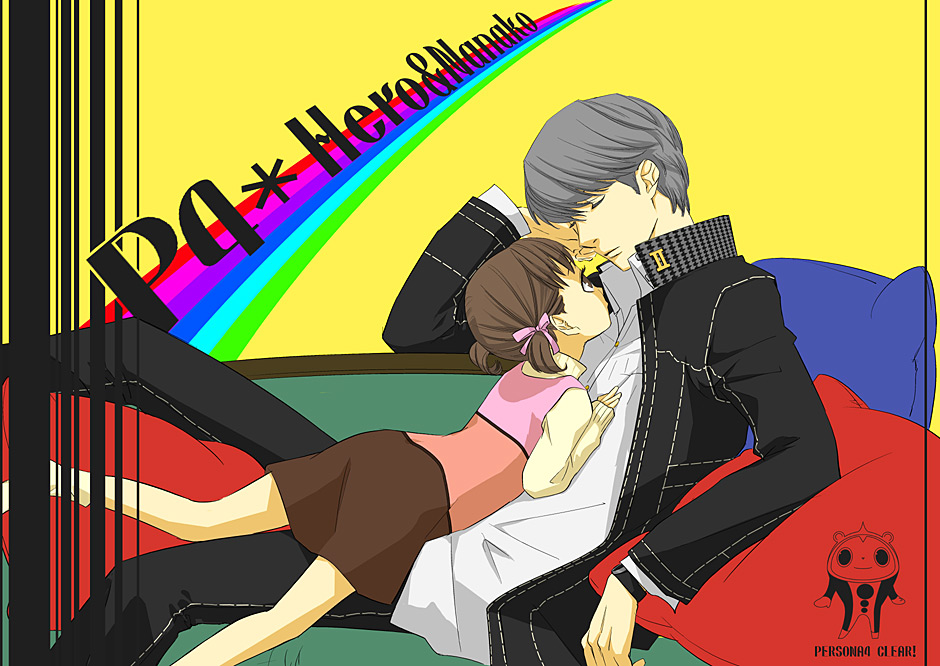 3110m², kirimochi niwe, doujima nanako, narukami yu, atlus, persona, persona 4, bad id, bad pixiv id, 1boy, 1girl, brown eyes, brown hair, child, grey hair, school uniform, short hair, sleeping