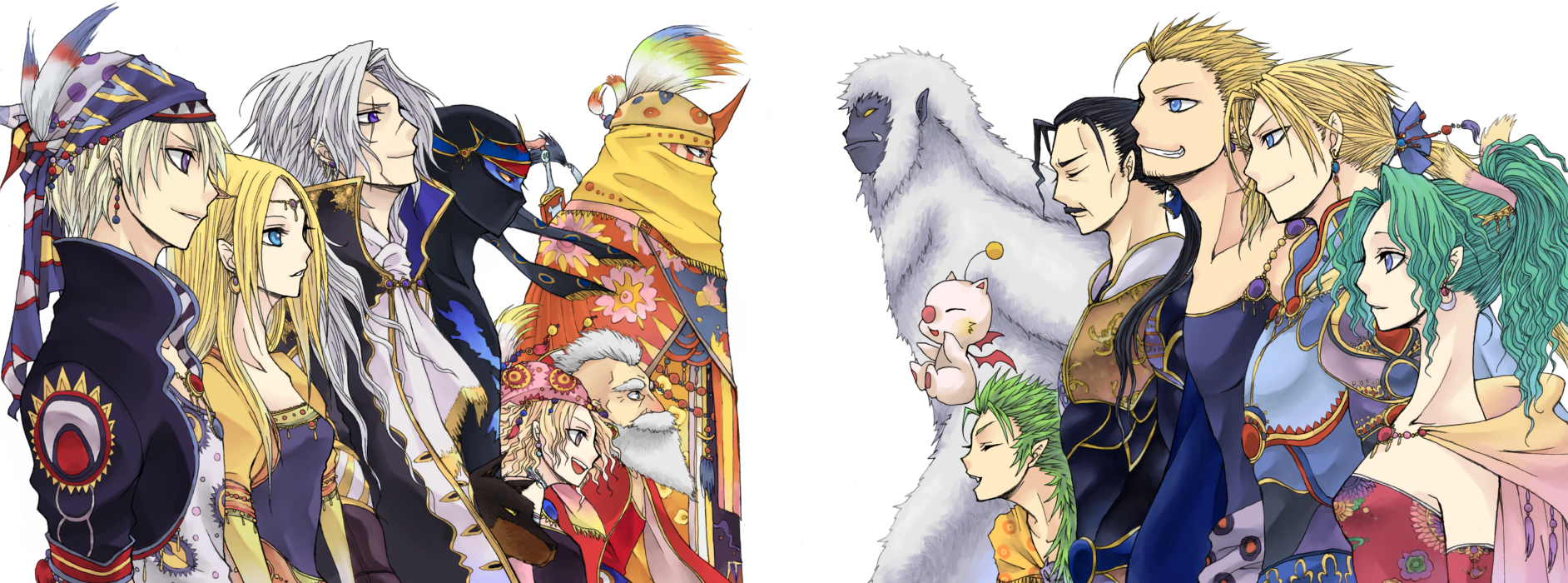sano, sano (merrymerry), celes chere, cyan garamonde, edgar roni figaro, gau, gogo, locke cole, mog, relm arrowny, sabin rene figaro, setzer gabbiani, shadow (ff6), strago magus, tina branford, umaro, final fantasy, final fantasy vi, bad id, bad pixiv id, highres, long image, wide image, 1990s (style), 3girls, 6+boys, androgynous, blonde hair, everyone, multiple boys, multiple girls, yeti (creature)