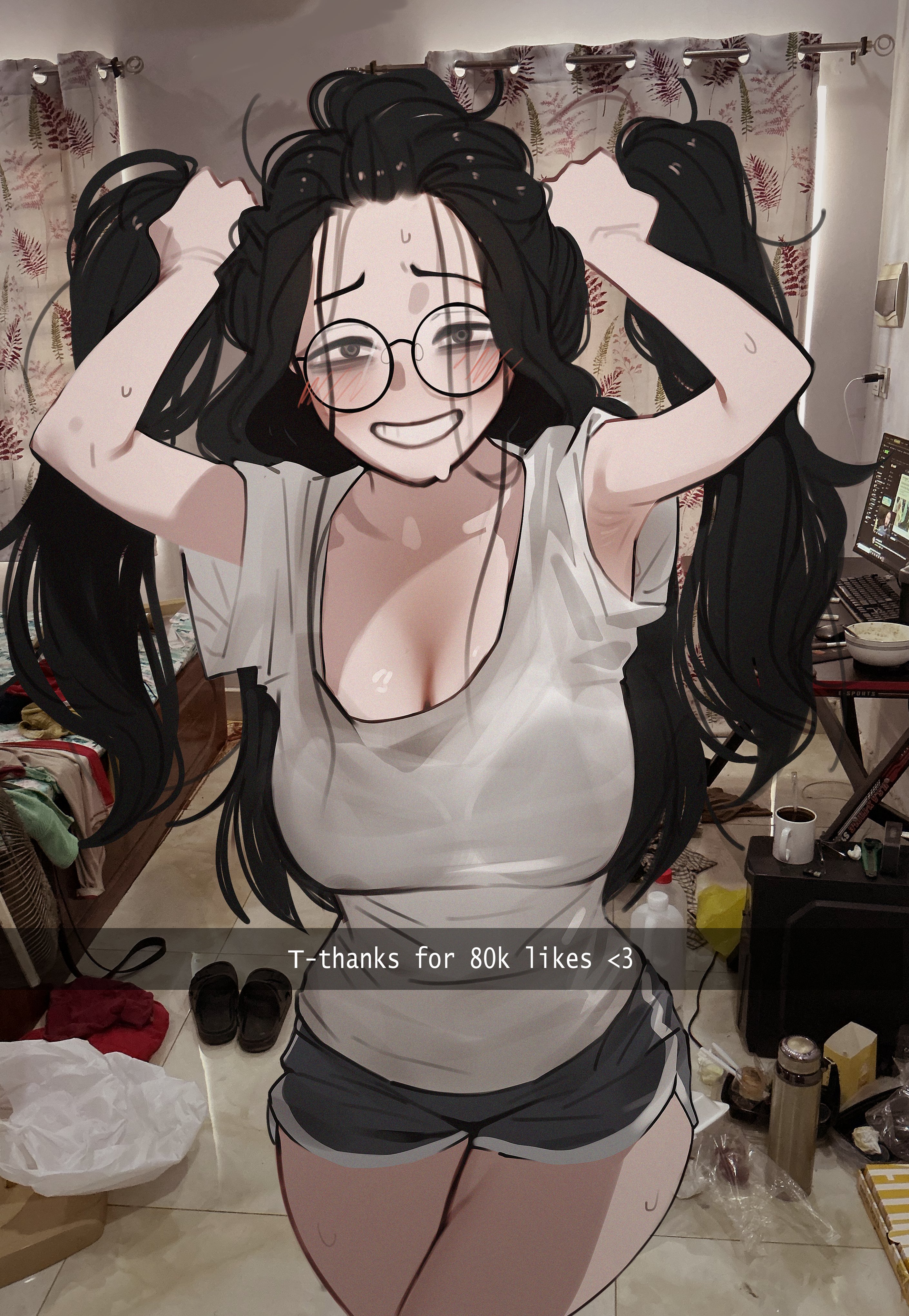 dingotoad, asmongold, original, absurdres, highres, 1girl, black shorts, breasts, bunching hair, cleavage, clutter, curtains, dolphin shorts, forehead, grin, hands in own hair, holding, holding own hair, indoors, large breasts, livestream, long hair, messy room, photo background, round eyewear, shirt, short shorts, shorts, smile, trash, twintails, white shirt