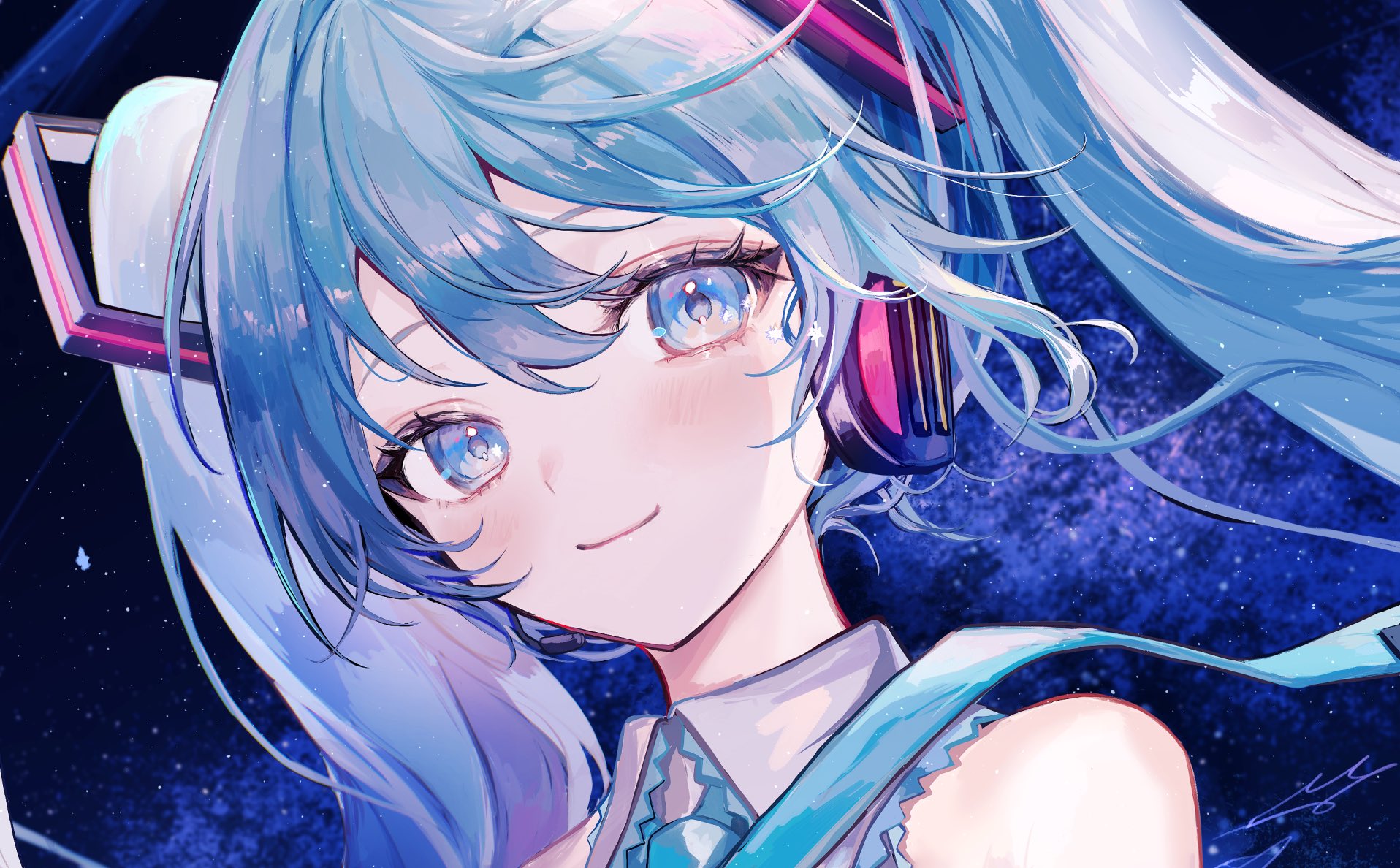 pipi (pipinavigation), hatsune miku, vocaloid, highres, 1girl, blue eyes, blue hair, blush, closed mouth, hair ornament, headphones, long hair, solo, star (sky)