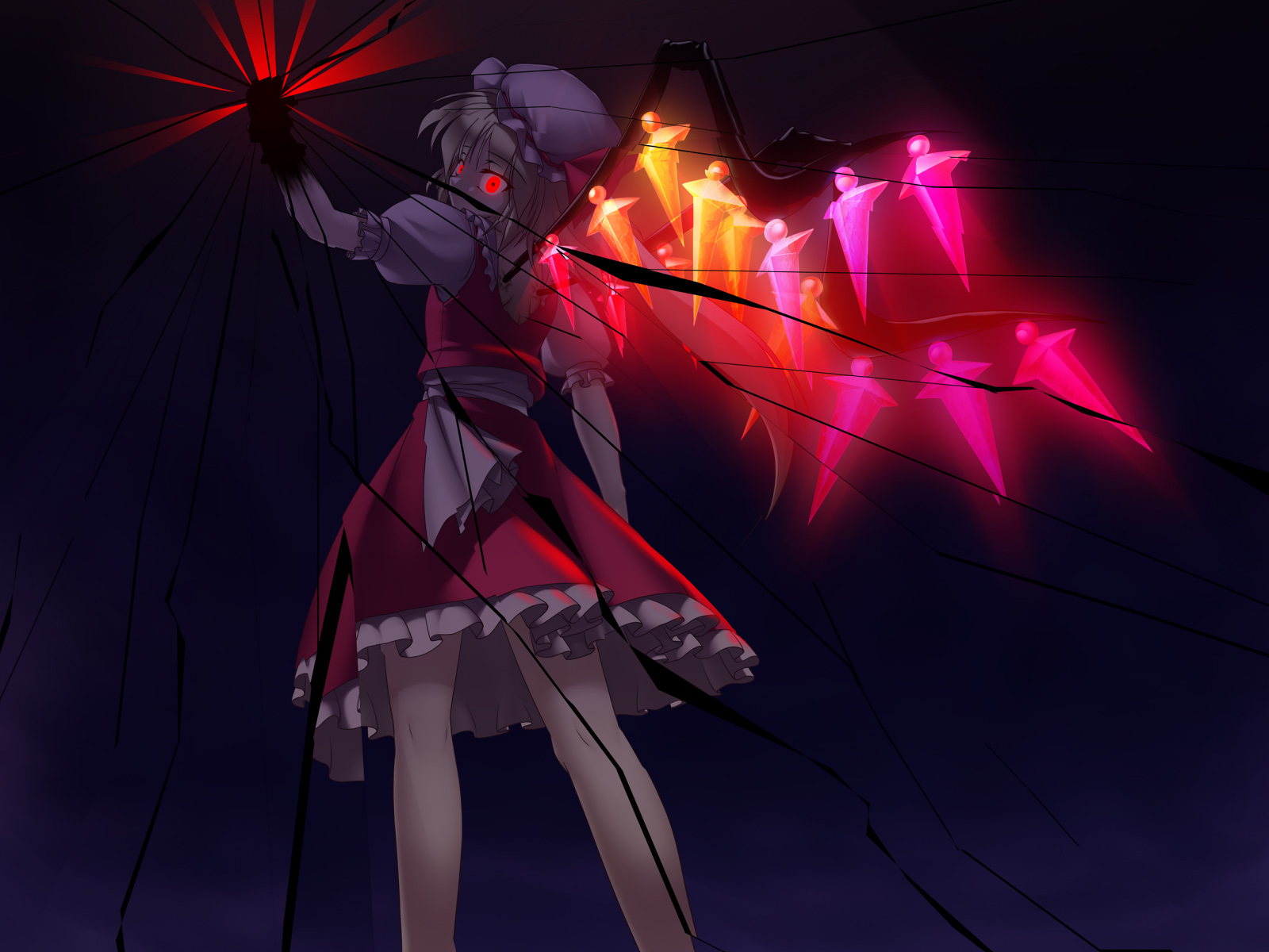 suematsu jerry, flandre scarlet, touhou, highres, 1girl, blouse, crack, creepy, dark, female focus, from behind, glowing, glowing eyes, hat, mob cap, red eyes, shirt, skirt, solo, white hat, white shirt