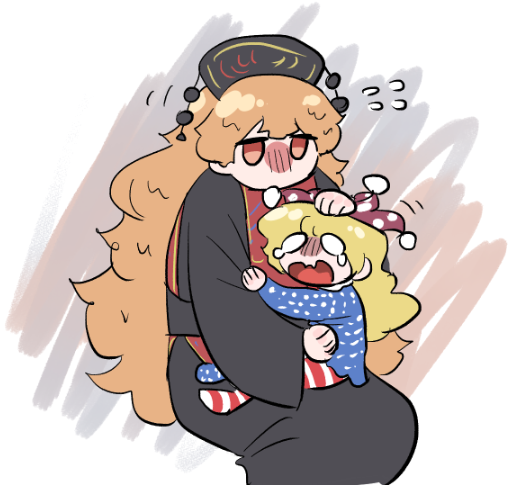 frogsnake, clownpiece, junko (touhou), touhou, fluffy hair, 2girls, alternate height, american flag dress, blonde hair, chibi, chibi only, crying, dalachi (headdress), dress, giant, giantess, hat, headpat, hug, jester cap, long dress, long hair, multiple girls, o o, open mouth, orange hair, red eyes, sash, simple background, sitting, sitting on lap, sitting on person