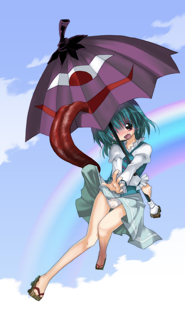 izumi yukiru, tatara kogasa, touhou, 1girl, blue hair, clothes lift, female focus, geta, gradient background, karakasa obake, one eye closed, outdoors, panties, red eyes, sandals, short hair, skirt, skirt lift, sky, solo, tears, tongue, umbrella, underwear, wink