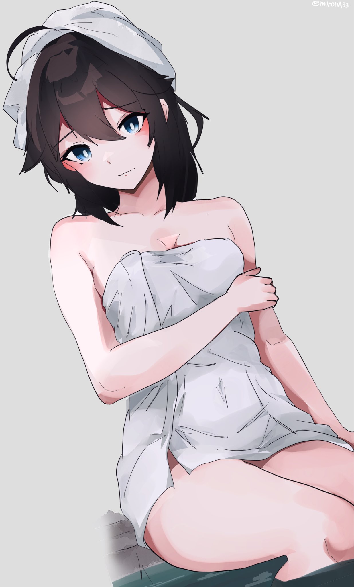 miron (mirona33), shigure (kancolle), kantai collection, highres, ahoge, blue eyes, braid, breasts, hair flaps, long hair, medium breasts, naked towel, partially submerged, single braid, towel, towel on head