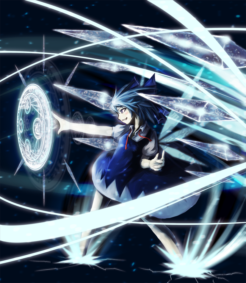 crost, cirno, touhou, source request, 1girl, battle, blue hair, crack, epic, female focus, ice, magic circle, ribbon, skirt, solo, wings