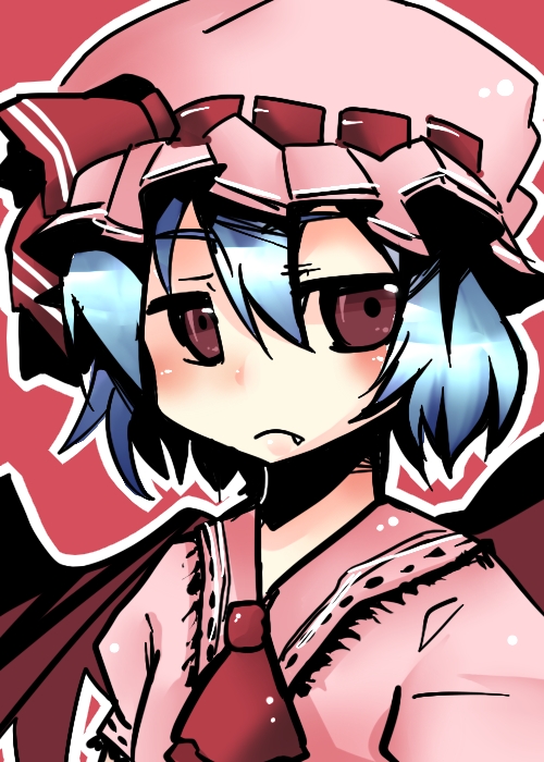 kona (pixiv420674), kona sleipnir, remilia scarlet, touhou, bad id, bad pixiv id, 1girl, bat wings, blue hair, fang, female focus, hat, red eyes, ribbon, simple background, solo, upper body, wings