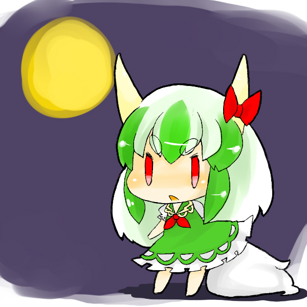 mousou youjo, yuto mochi, ex-keine, kamishirasawa keine, touhou, bad id, bad pixiv id, 1girl, chibi, female focus, horn ornament, horn ribbon, horns, long hair, multicolored hair, red eyes, ribbon, solo, tail