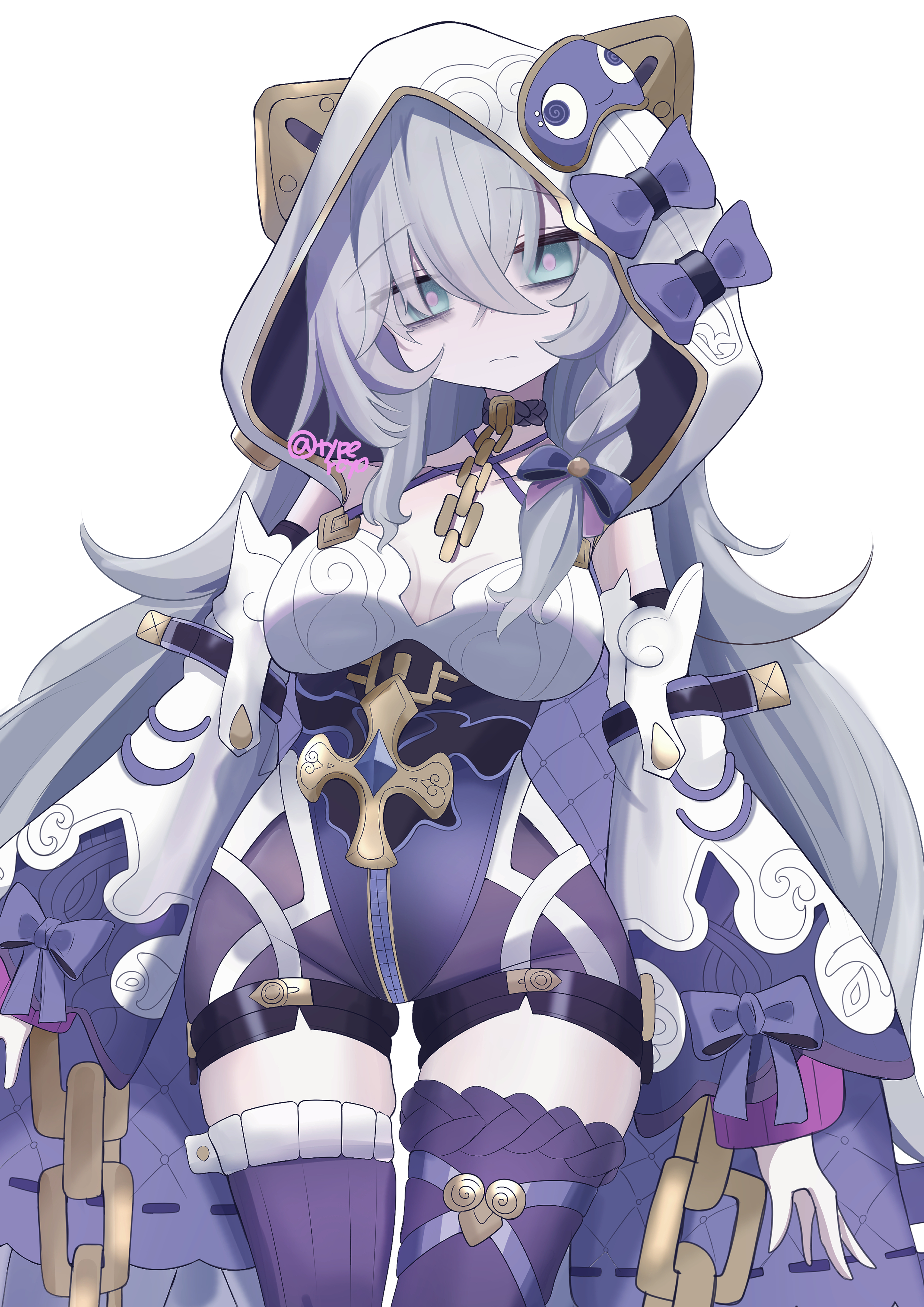 royo21294110, theresa apocalypse, theresa apocalypse (schicksal's imperative), honkai (series), honkai impact 3rd, absurdres, commentary request, highres, 1girl, blue eyes, bodysuit, breasts, detached sleeves, long hair, looking at viewer, medium breasts, meme, purple bodysuit, purple thighhighs, simple background, solo, teri derp (meme), thighhighs, thighs, very long hair, white background, white hair, white hood, zipper pull tab