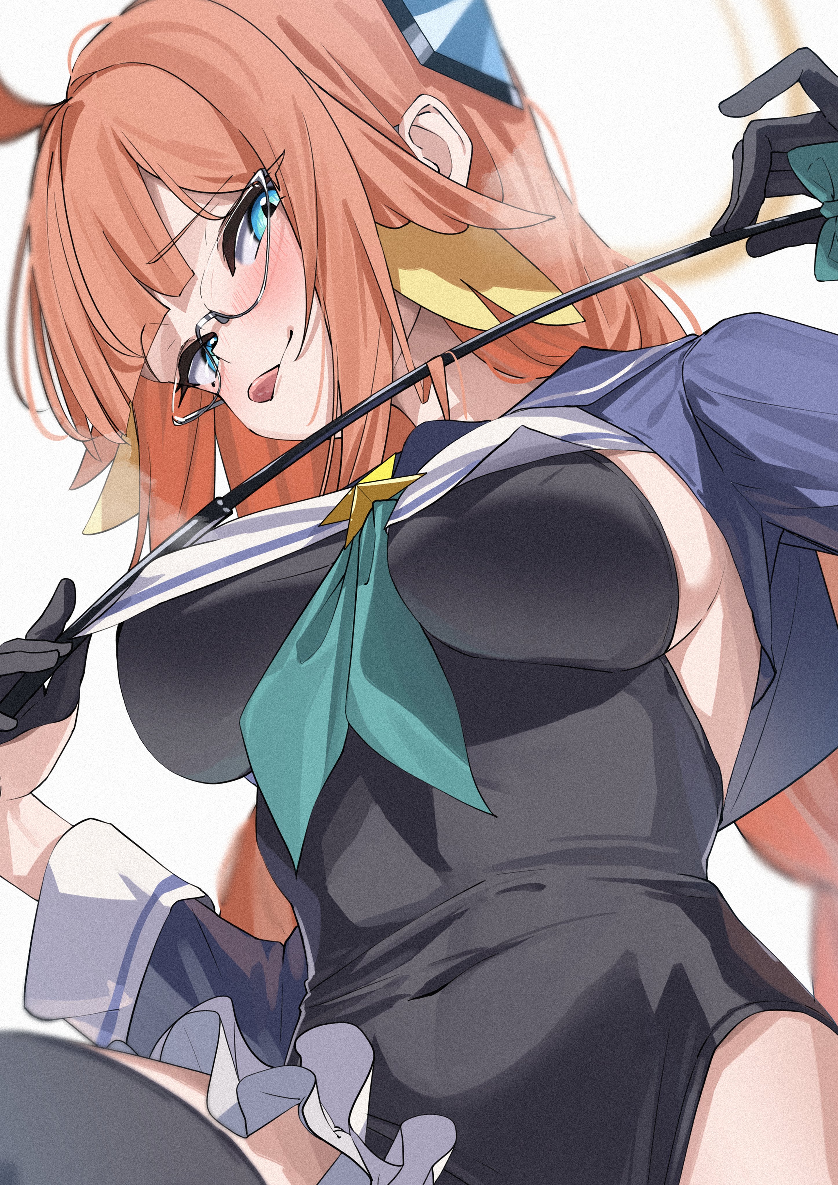 kazu (kauk3753), shimiko (magical) (blue archive), blue archive, absurdres, highres, 1girl, ahoge, black gloves, black leotard, breasts, glasses, gloves, half gloves, halo, holding, large breasts, leotard, long hair, looking at viewer, official alternate costume, orange hair, riding crop, shrug (clothing), tongue, tongue out