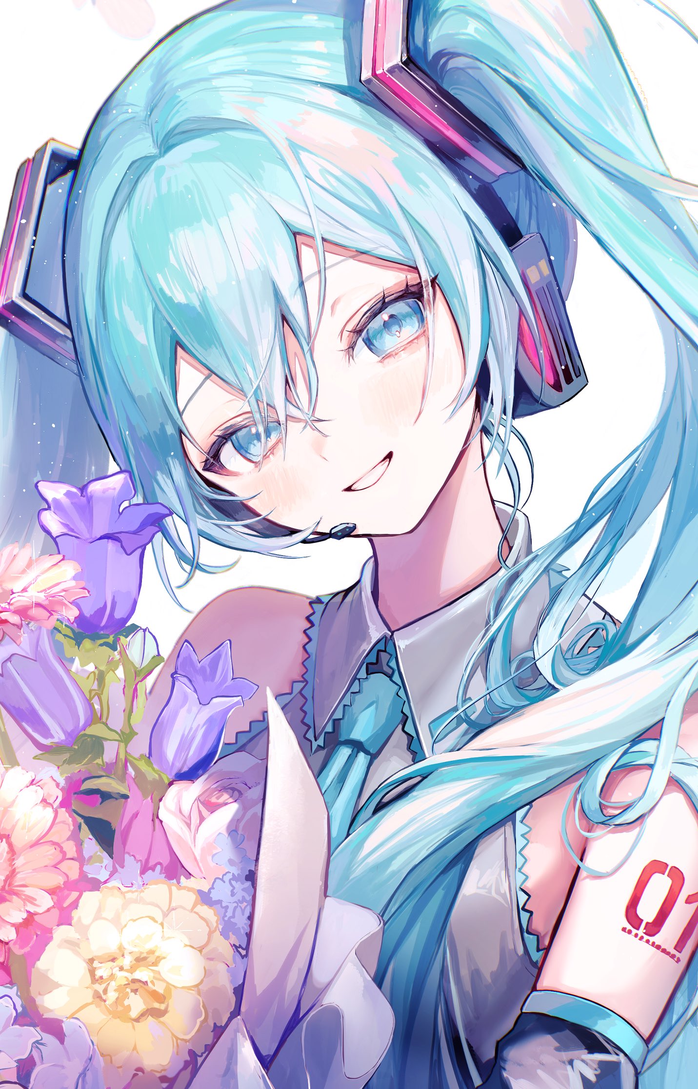 pipi (pipinavigation), hatsune miku, vocaloid, highres, 1girl, arm tattoo, blue hair, blush, flower, hair ornament, long hair, looking at viewer, necktie, open mouth, shoulder tattoo, simple background, solo, tattoo, white background