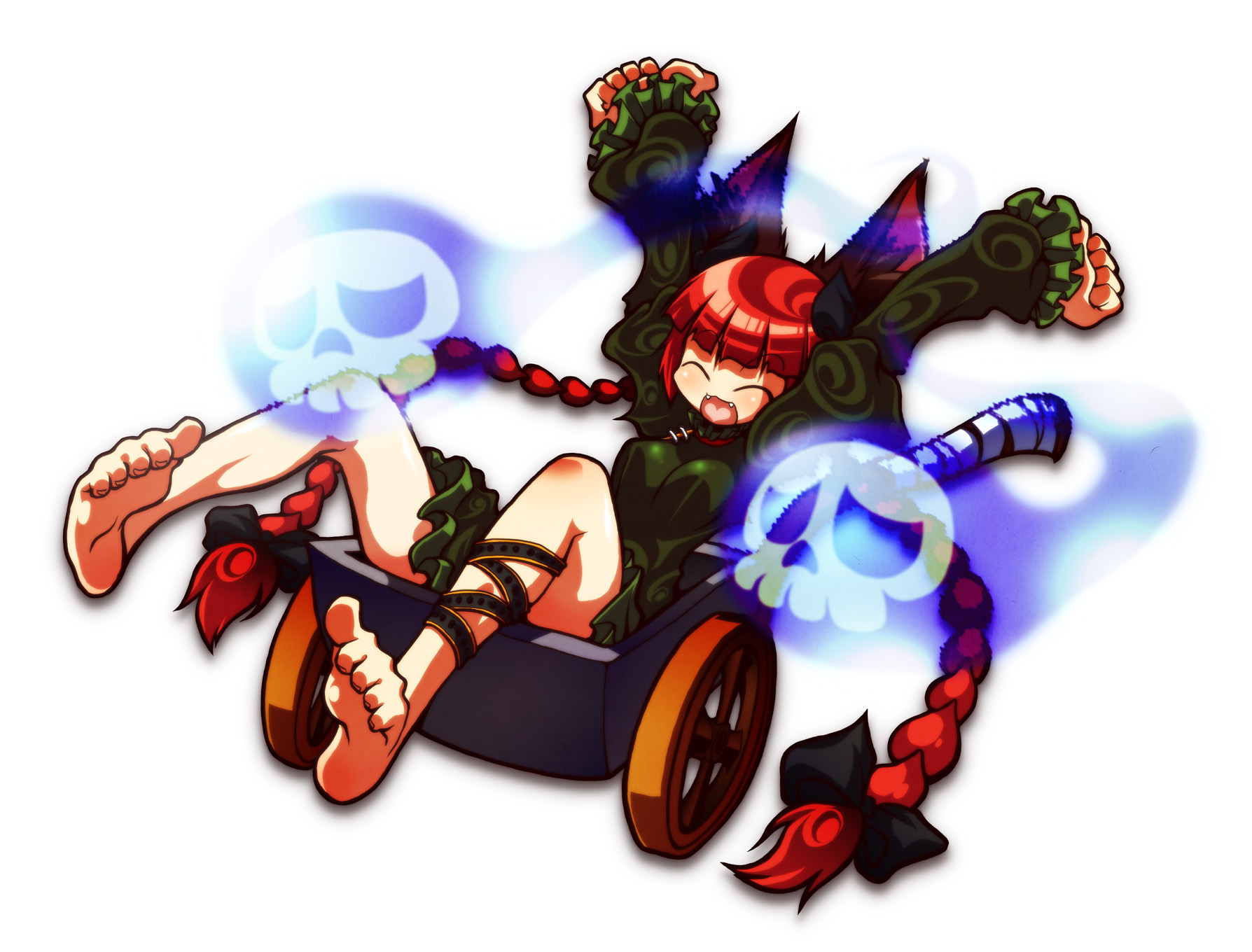 ichi (ichikai), kaenbyou rin, touhou, highres, 1girl, animal ears, barefoot, braid, cat ears, cat girl, fangs, feet, female focus, full body, happy, ribbon, sitting, soles, solo, twin braids, wheelbarrow, white background