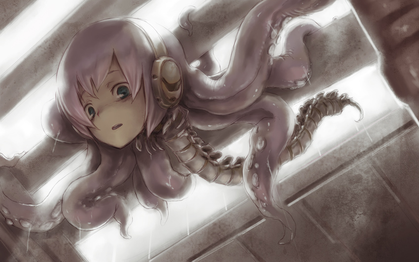 kikai (akita morgue), divider (dead space), megurine luka, takoluka, dead space (series), vocaloid, tagme, bone, creepy, female focus, headset, horror (theme), long hair, necromorph, no humans, parody, pink hair, slime (substance), spine, tentacles