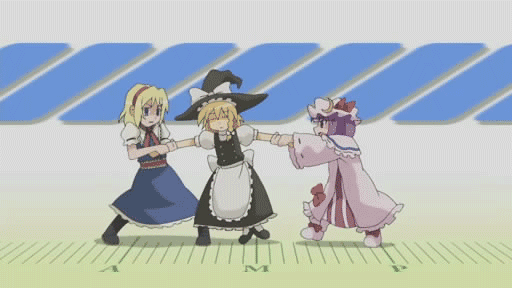 alice margatroid, kirisame marisa, patchouli knowledge, kinema-kan, touhou, animated, animated gif, anime screenshot, 3girls, apron, blonde hair, blue eyes, capelet, female focus, hat, hat ribbon, headband, multiple girls, purple hair, ribbon, short hair, touhou anime project, witch hat, yuri