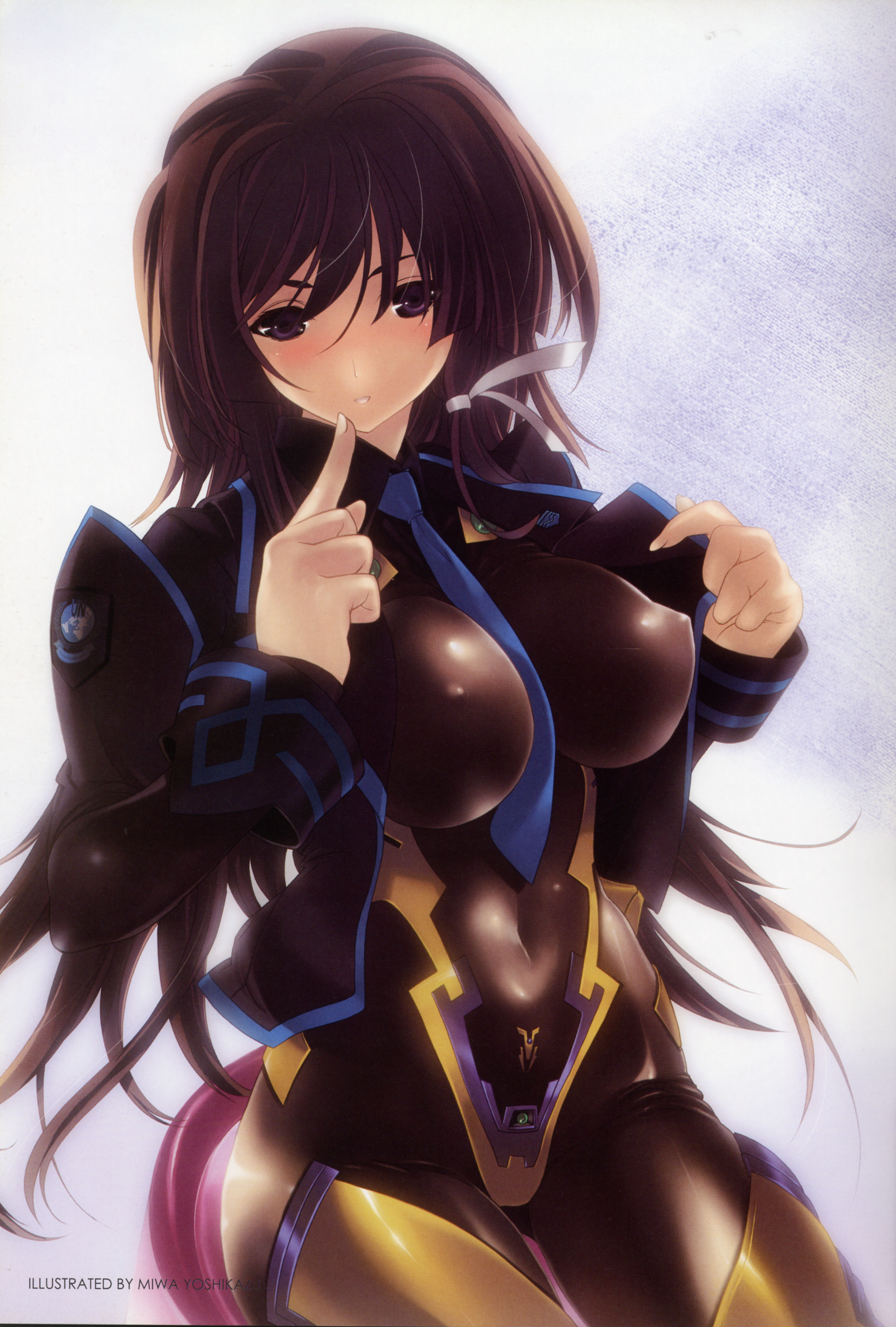 miwa yoshikazu, takamura yui, muv-luv, muv-luv alternative, muv-luv total eclipse, muvluv alternative total eclipse, pilot suit, absurdres, highres, 1girl, bodysuit, breasts, brown hair, covered erect nipples, female focus, large breasts, long hair, navel, necktie, nipples, puffy nipples, ribbon, shiny clothes, skin tight, solo