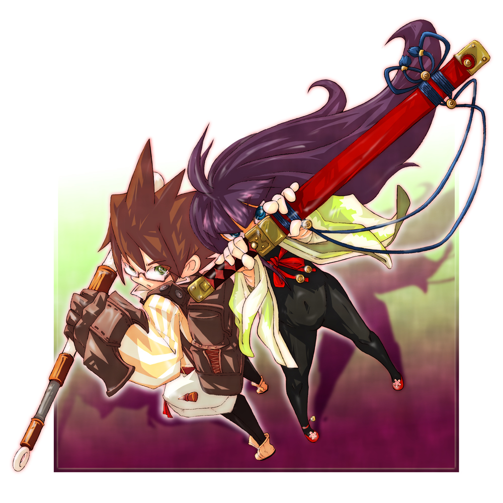 healer (7th dragon), kevin (7th dragon), ran (7th dragon), samurai (7th dragon), 7th dragon, 7th dragon (series), 1boy, bodysuit, glasses, japanese clothes, latex, navel, sheath, sheathed, sword, weapon