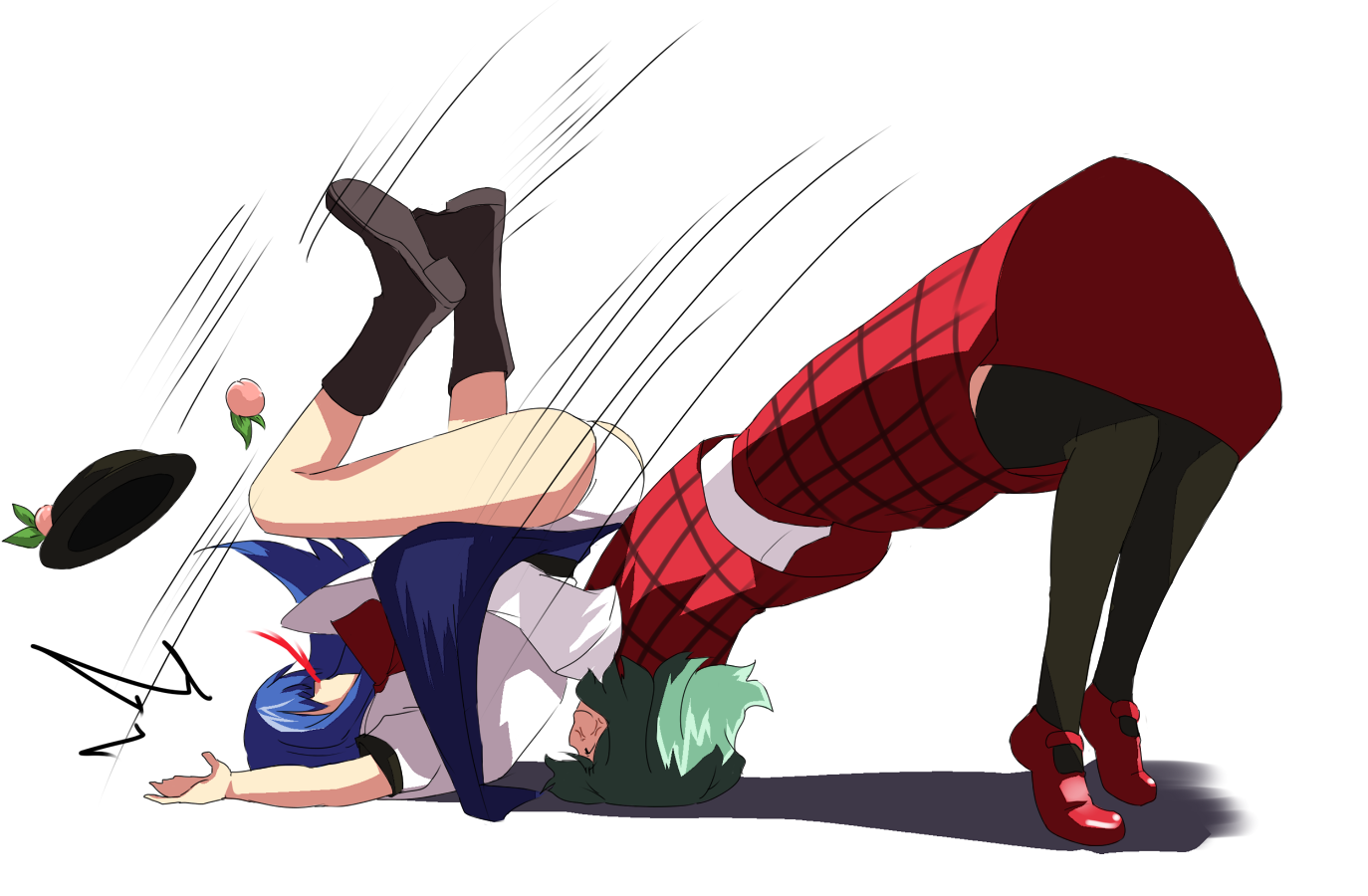 reon (pixiv), reon (saikyou), hinanawi tenshi, kazami yuuka, touhou, black legwear, bad id, bad pixiv id, 2girls, anger vein, blood, blue hair, boots, female focus, food, fruit, german suplex, green hair, hat, mary janes, multiple girls, nosebleed, panties, parody, peach, plaid clothes, plaid skirt, plaid vest, shoes, short hair, skirt, skirt set, suplex, thighhighs, underwear, upskirt, vest, white panties, wrestling