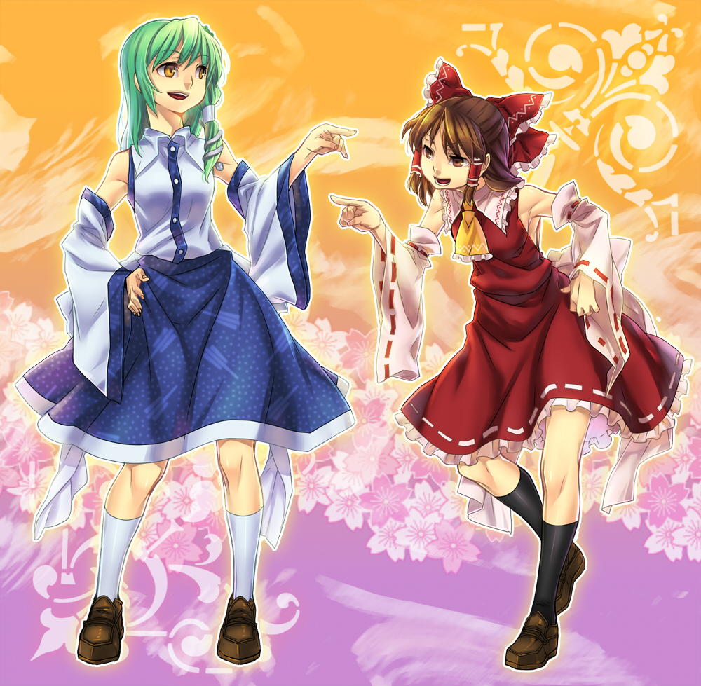 misti, hakurei reimu, kochiya sanae, touhou, white legwear, 2girls, armpits, ascot, black socks, bow, brown hair, collared shirt, detached sleeves, dress, female focus, frilled hair tubes, frills, frog, full body, gradient background, green hair, hair tubes, hand on own hip, hip focus, japanese clothes, kneehighs, loafers, miko, multiple girls, open mouth, pointing, pointing to the side, polka dot, polka dot skirt, ribbon-trimmed dress, ribbon trim, shirt, shoes, skirt, snake, socks, yellow ascot, yellow eyes