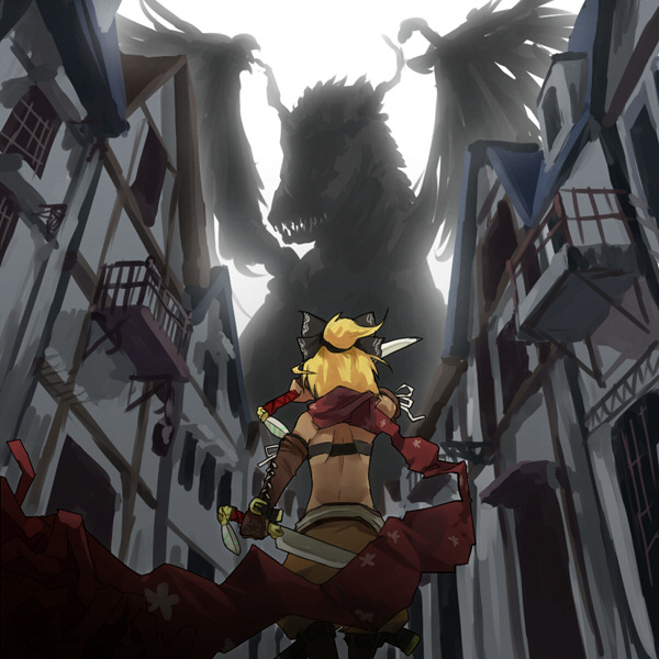 gregorius yamada, hatch (7th dragon), rogue (7th dragon), 7th dragon, 7th dragon (series), 1girl, back, dark-skinned female, dark skin, dragon, fantasy, female focus, high ponytail, last stand, ponytail, scarf, solo, sword, weapon