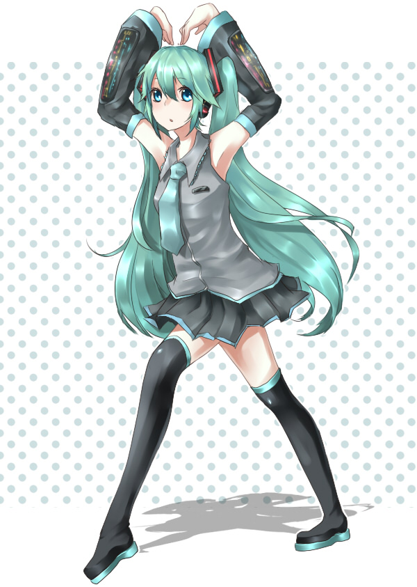 neota, hatsune miku, vocaloid, aqua hair, elbow gloves, gloves, long hair, solo, thighhighs, twintails, very long hair