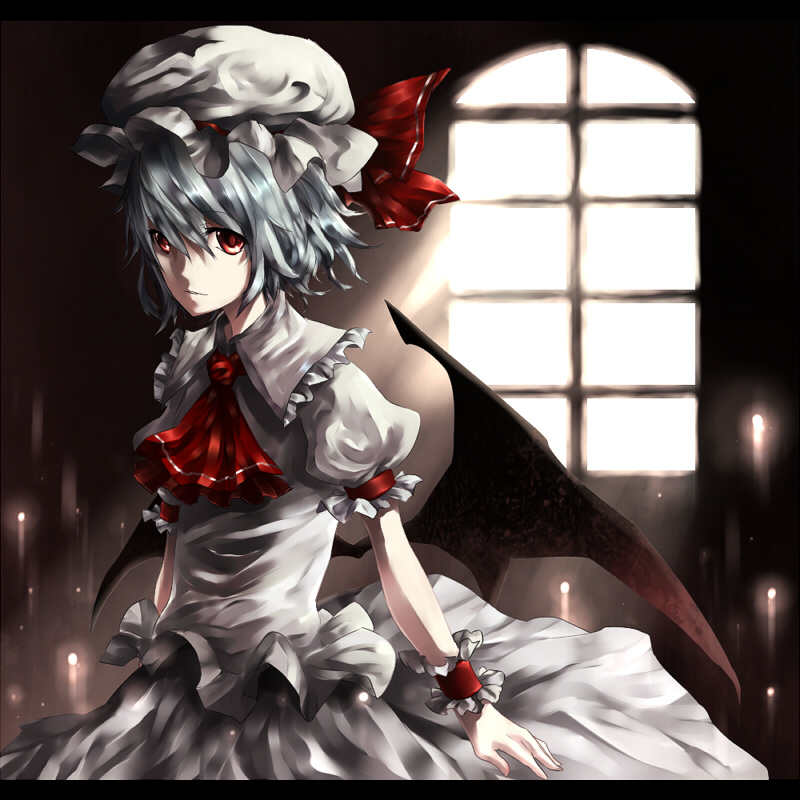 neota, remilia scarlet, touhou, 1girl, blue hair, female focus, hat, indoors, red eyes, skirt, solo, wings