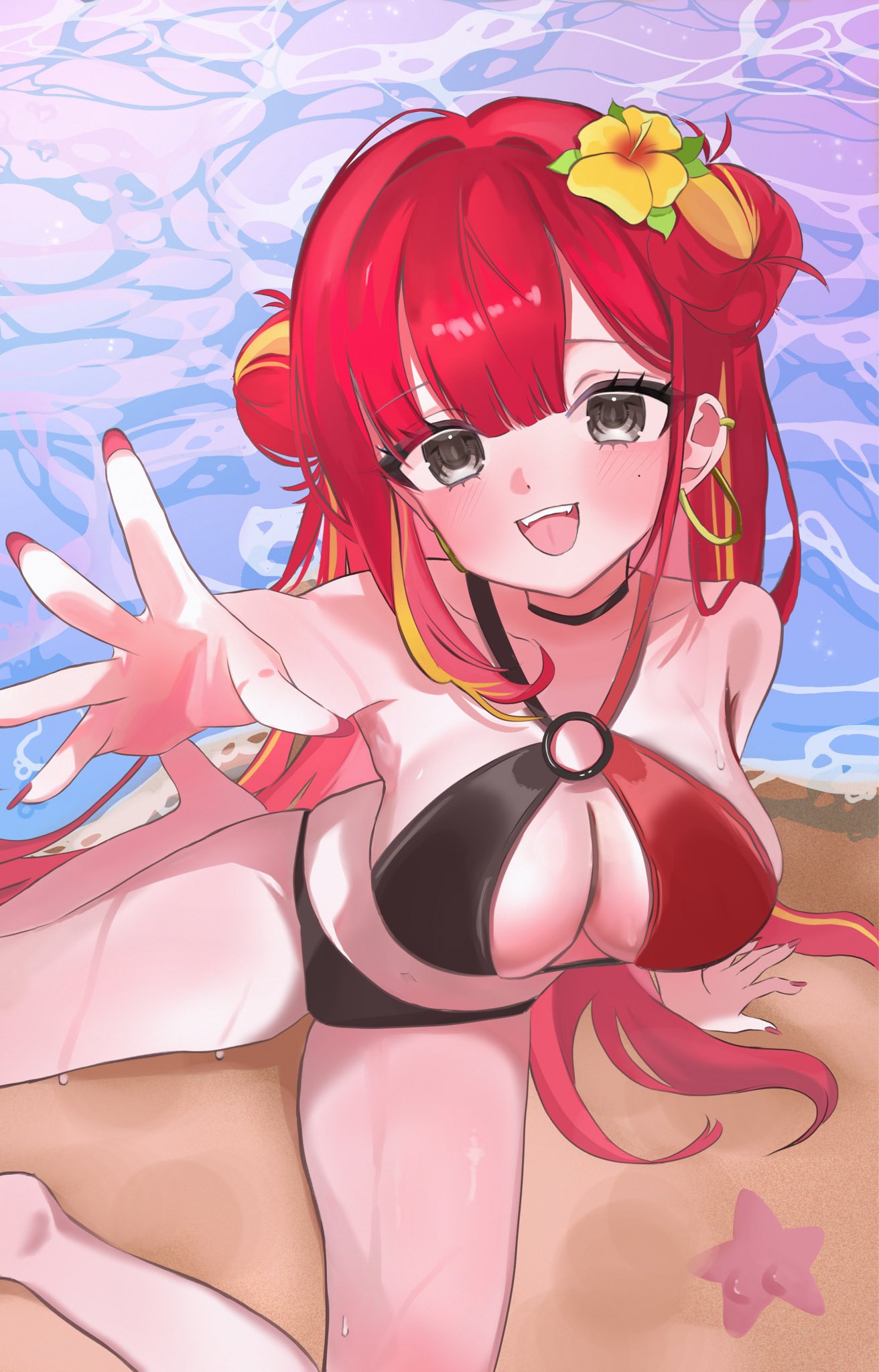 akane lize, stellive, highres, 1girl, arm support, b shojo, bare shoulders, beach, bikini, black bikini, black choker, blonde hair, blush, breasts, choker, cleavage, criss-cross halter, double bun, ear piercing, earrings, fangs, flower, grey eyes, hair bun, hair flower, hair ornament, halterneck, hoop earrings, jewelry, large breasts, long hair, looking at viewer, mole, mole under eye, multicolored hair, nail polish, o-ring, o-ring bikini, open mouth, outdoors, piercing, reaching, reaching towards viewer, red bikini, red hair, red nails, sand, sitting, smile, solo, starfish, streaked hair, swimsuit, two-tone hair, virtual youtuber, water, wet, yellow flower