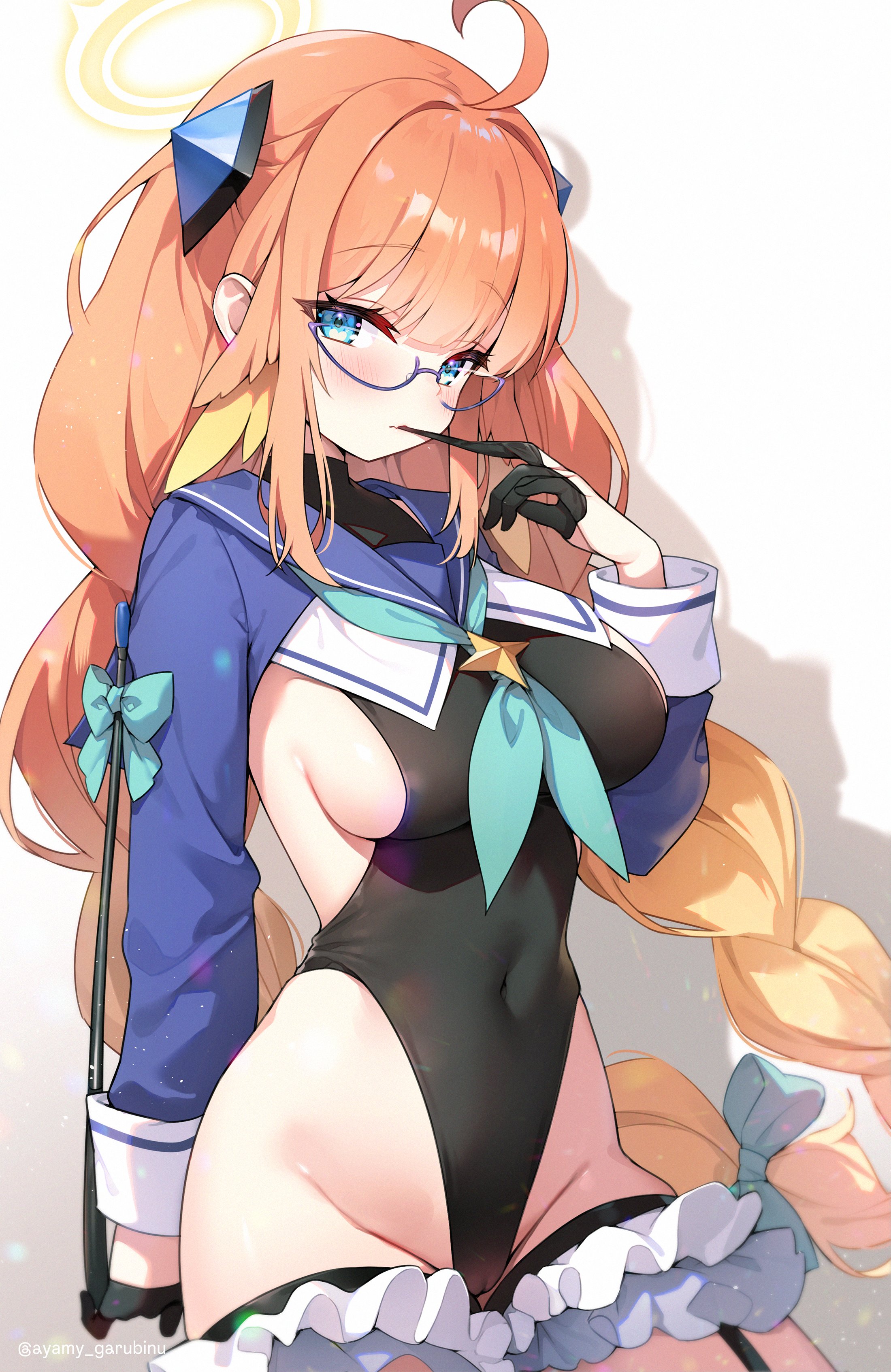 ayamy, shimiko (blue archive), shimiko (magical) (blue archive), blue archive, braided twintails, absurdres, highres, 1girl, ahoge, black gloves, black leotard, blue shrug, braid, breasts, cameltoe, glasses, gloves, half gloves, halo, holding, holding riding crop, large breasts, leotard, long hair, looking at viewer, official alternate costume, official artist extra, orange hair, riding crop, shrug (clothing), super highleg