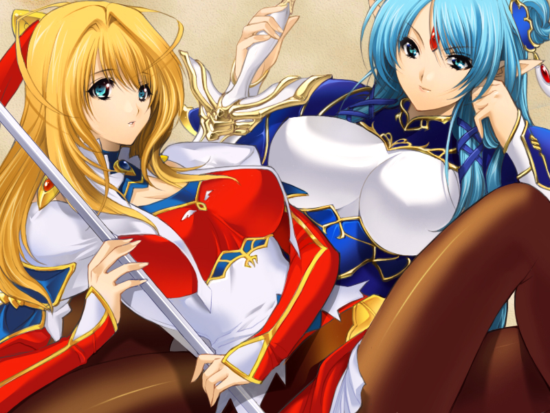 yagami akira (dream theater), hazumi flamel, remedia kalar, toushin toshi, toushin toshi iii, bad id, bad pixiv id, 2girls, antenna hair, aqua eyes, aqua hair, blonde hair, breasts, elf, kalar (race), large breasts, long hair, multiple girls, pantyhose, pointy ears, sword, weapon