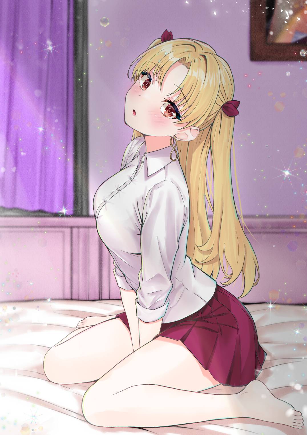user wvrz2537, ereshkigal (fate), fate/grand order, fate (series), commentary request, highres, 1girl, :o, alternate costume, barefoot, blonde hair, blush, collared shirt, earrings, hair ribbon, head tilt, indoors, jewelry, long hair, looking at viewer, miniskirt, on bed, open mouth, red eyes, red ribbon, red skirt, ribbon, shirt, sitting, skirt, solo, toes, two side up, white shirt