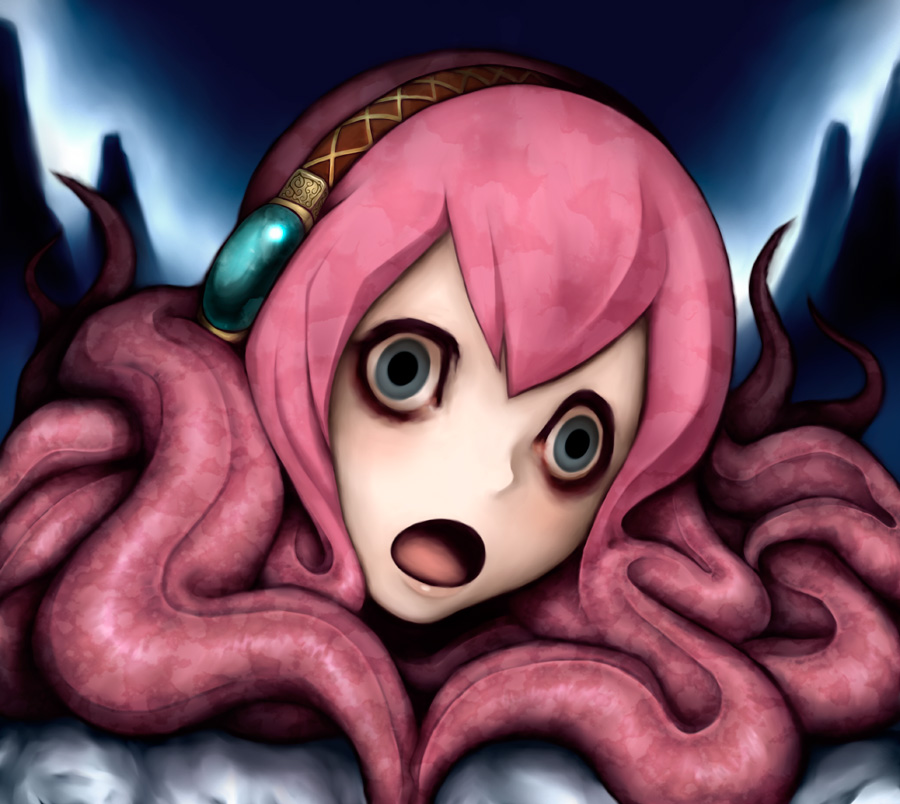 genk, megurine luka, takoluka, vocaloid, creepy, empty eyes, headset, horror (theme), monster girl, pink hair, tentacles
