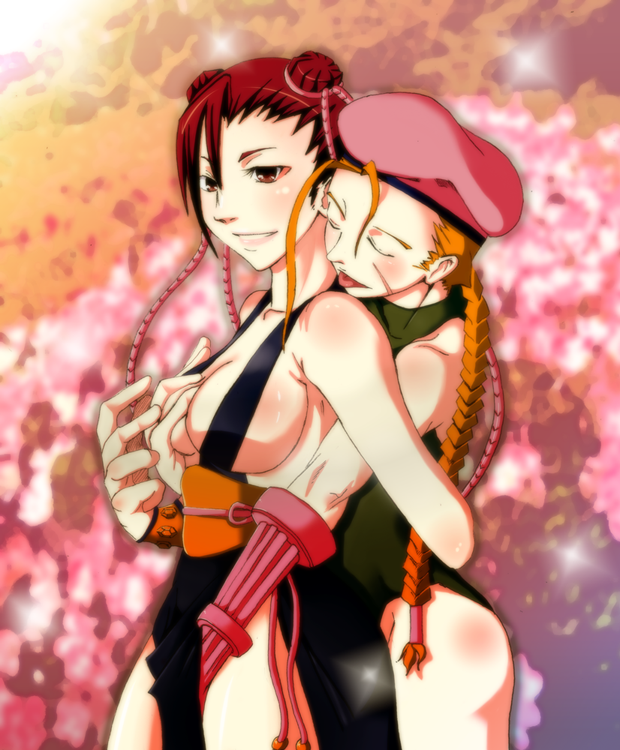 dione, cammy white, chun-li, capcom, street fighter, 2girls, alternate costume, artistic error, beret, blush, breasts, china dress, chinese clothes, cleavage, double bun, dress, fingering, grabbing another's breast, groping, hair bun, hand under clothes, hat, hug, large breasts, multiple girls, pelvic curtain, sash, sideboob, yuri