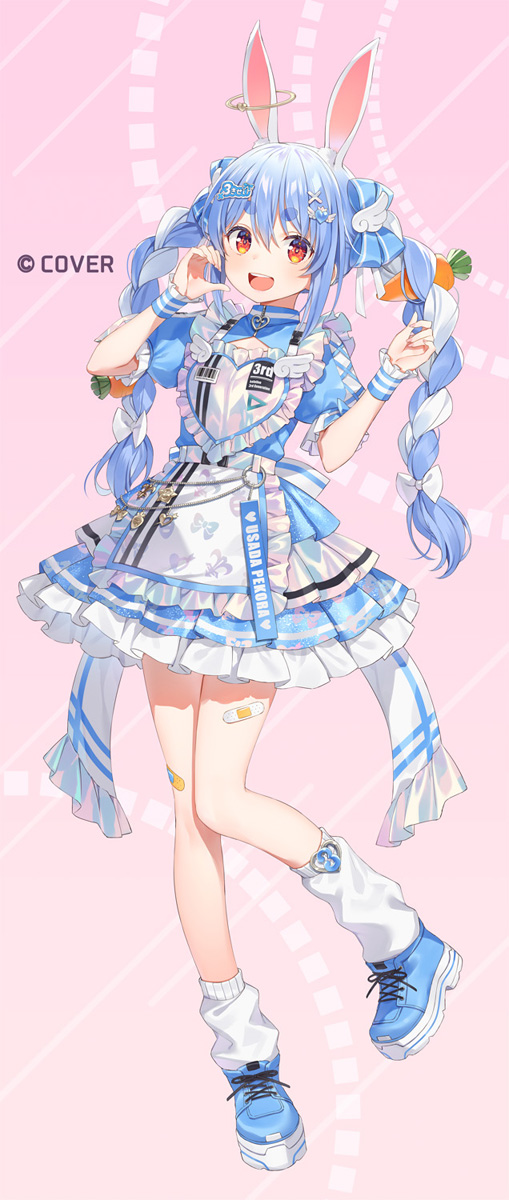 yuuki hagure, usada pekora, hololive, commentary request, highres, official art, 1girl, :d, animal ear fluff, animal ears, apron, back bow, blue dress, blue hair, blue shoes, bow, braid, carrot hair ornament, copyright name, dress, extra ears, food-themed hair ornament, frilled apron, frilled dress, frills, full body, hair ornament, half-heart hands, hands up, hikimayu, layered dress, long hair, looking at viewer, loose socks, multicolored hair, open mouth, orange eyes, puffy short sleeves, puffy sleeves, rabbit-shaped pupils, rabbit ears, rabbit girl, shoes, short eyebrows, short sleeves, smile, sneakers, socks, symbol-shaped pupils, thick eyebrows, twin braids, two-tone hair, virtual youtuber, white apron, white hair, white socks, wrist cuffs