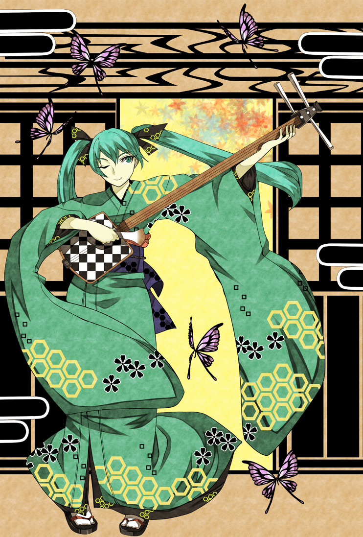 yosimura, hatsune miku, vocaloid, bad id, bad pixiv id, 1girl, aqua eyes, aqua hair, bow, bug, butterfly, clog sandals, female focus, hair bow, insect, instrument, japanese clothes, kimono, long hair, one eye closed, plectrum, sandals, shamisen, smile, solo, tabi, twintails, very long hair, wink, zouri