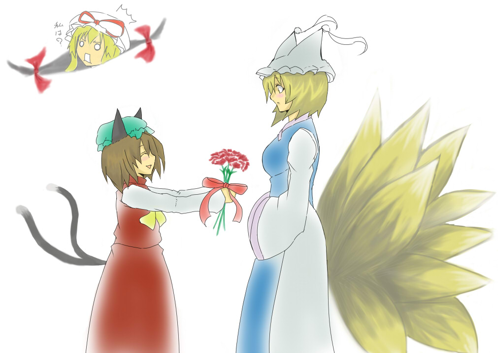 reon (pixiv), reon (saikyou), chen, yakumo ran, yakumo yukari, touhou, translated, 3girls, animal ears, animal hat, blonde hair, blush, brown hair, cat ears, cat girl, cat tail, female focus, flower, fox tail, gap (touhou), hands in opposite sleeves, hat, long sleeves, mob cap, multiple girls, multiple tails, short hair, tail, tassel, white background, wide sleeves