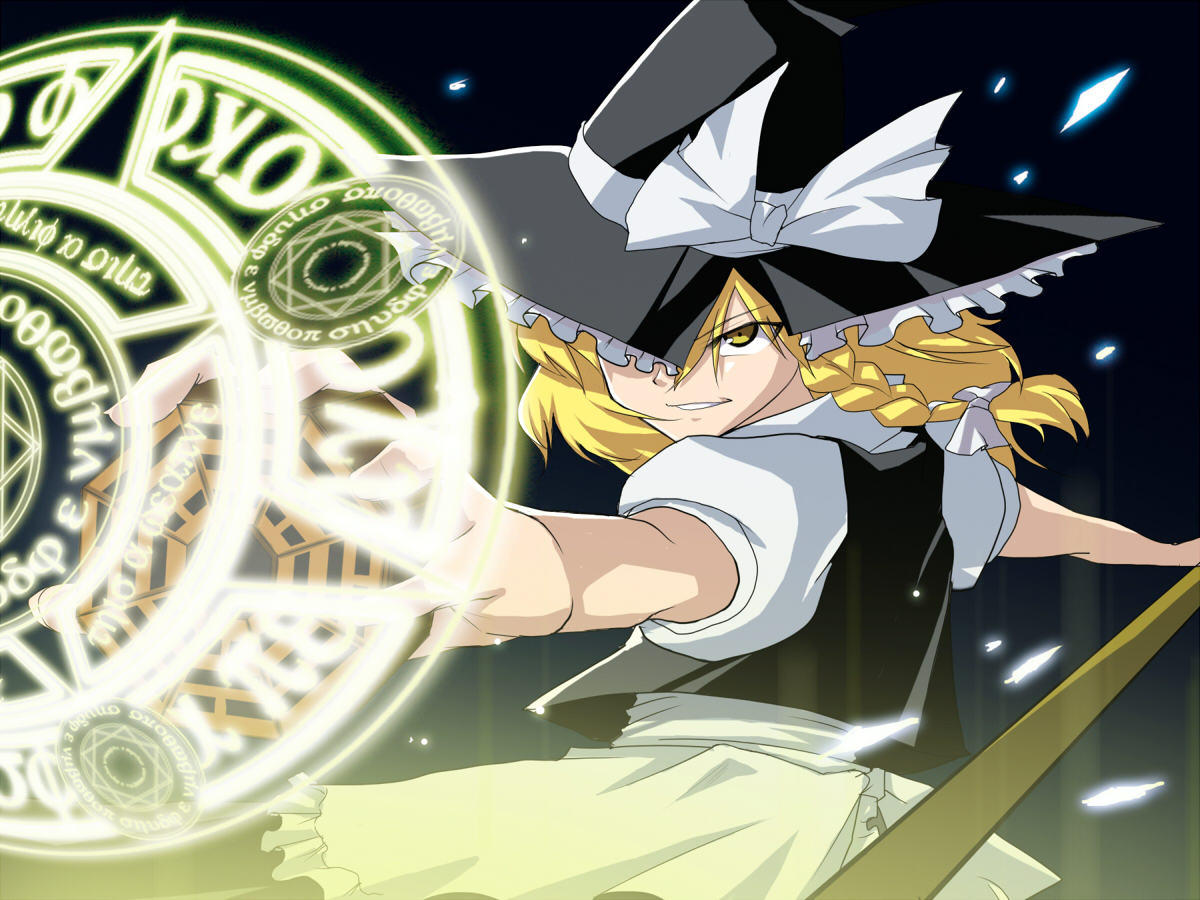 kasu kazu, kirisame marisa, touhou, 1girl, blonde hair, female focus, hat, magic circle, mini-hakkero, ribbon, solo, witch, witch hat, yellow eyes