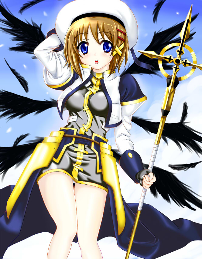 violetshit, schwertkreuz, yagami hayate, lyrical nanoha, mahou shoujo lyrical nanoha, mahou shoujo lyrical nanoha strikers, bad id, bad pixiv id, 00s, 1girl, arm behind head, black wings, blue eyes, blush, brown hair, feathers, female focus, hair ornament, multiple wings, short hair, solo, staff, wings, x hair ornament