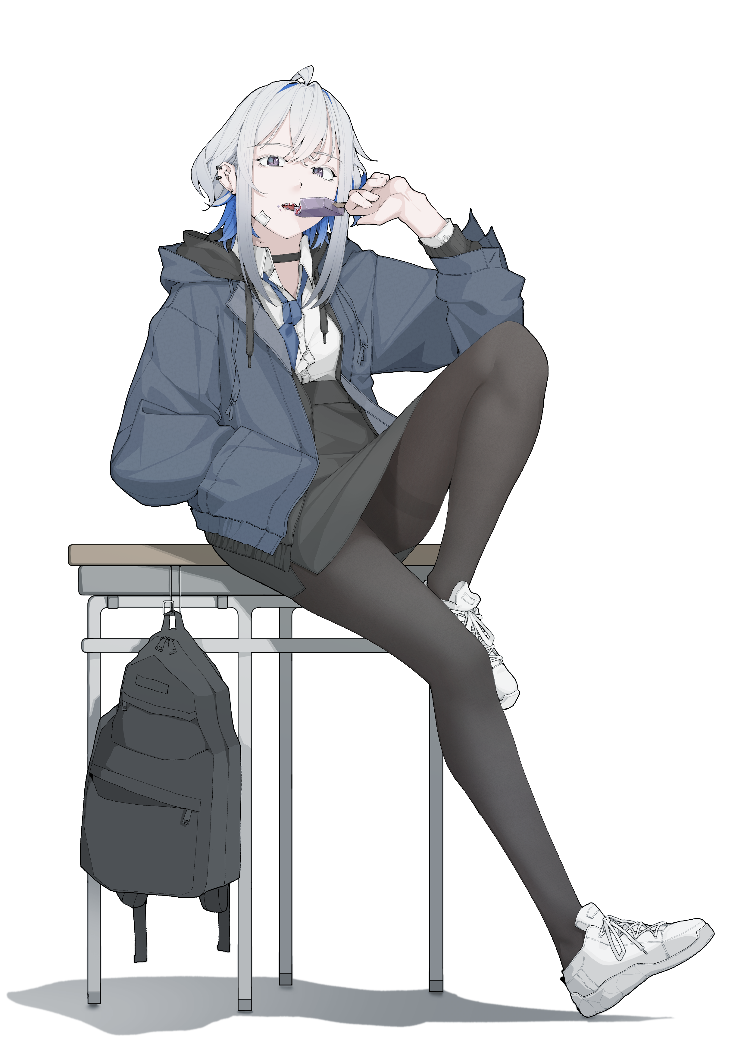 galbrena (wuthering waves), wuthering waves, absurdres, commentary, highres, 1girl, ahoge, backpack, bag, bandage on face, bandages, black bag, black choker, black pantyhose, black skirt, blue hair, blue jacket, blue necktie, breasts, choker, collared shirt, desk, ear piercing, eating, food, full body, grey hair, hand in pocket, high-waist skirt, holding, holding food, holding popsicle, hood, hood down, hooded jacket, jacket, looking at viewer, medium hair, necktie, on desk, open mouth, pantyhose, piercing, popsicle, purple eyes, rockkk123, school desk, school uniform, shirt, shoes, simple background, sitting, skirt, small breasts, solo, thighband pantyhose, white background, white shirt, white shoes