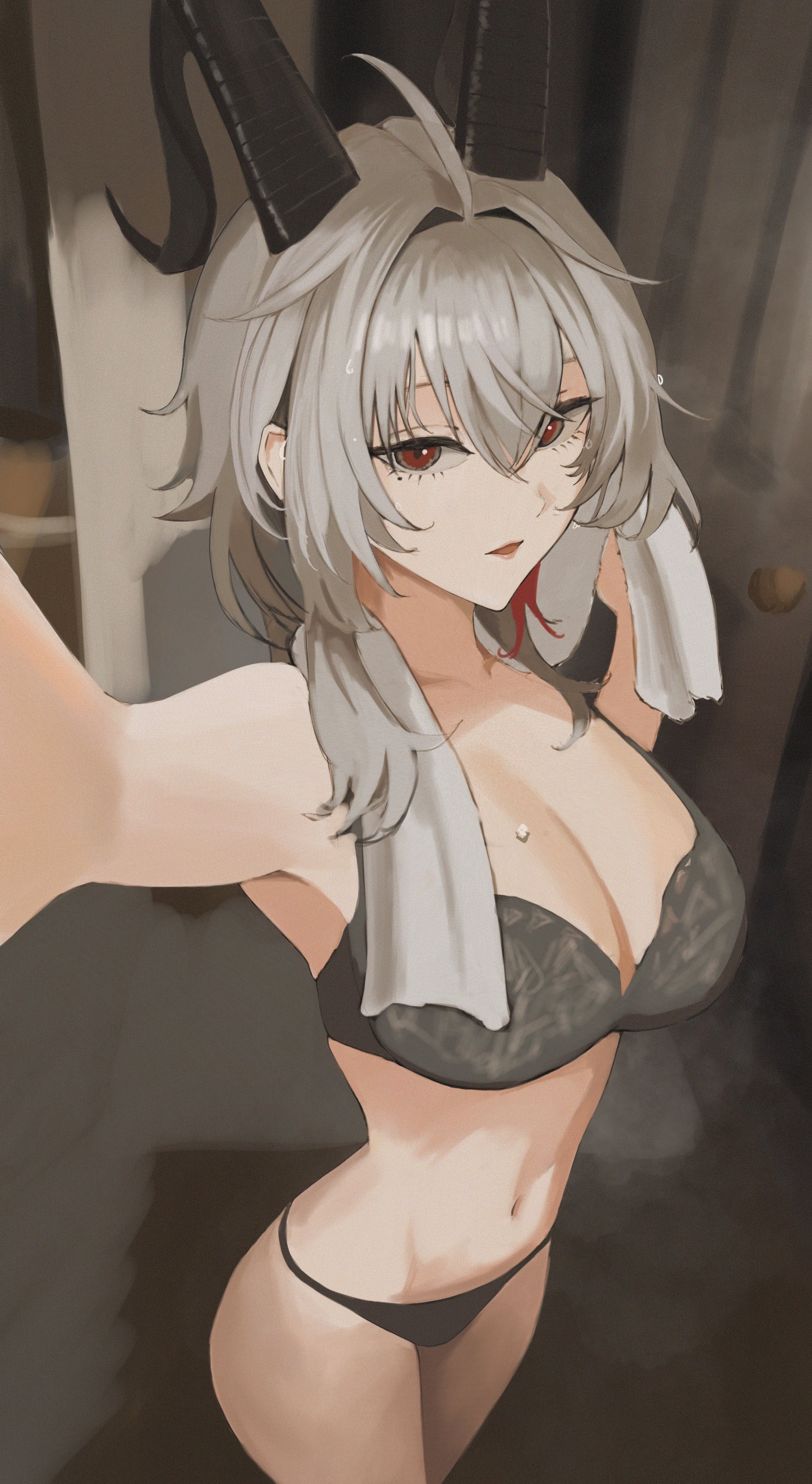 haruhachiya, zani (wuthering waves), wuthering waves, absurdres, commentary request, highres, 1girl, after bathing, ahoge, bare shoulders, black bra, black horns, black panties, bra, collarbone, curled horns, grey hair, hair between eyes, horns, indoors, long hair, looking at viewer, mole, mole under eye, navel, panties, parted lips, red eyes, sidelocks, solo, stomach, towel, towel around neck, underwear, underwear only, wet, wiping