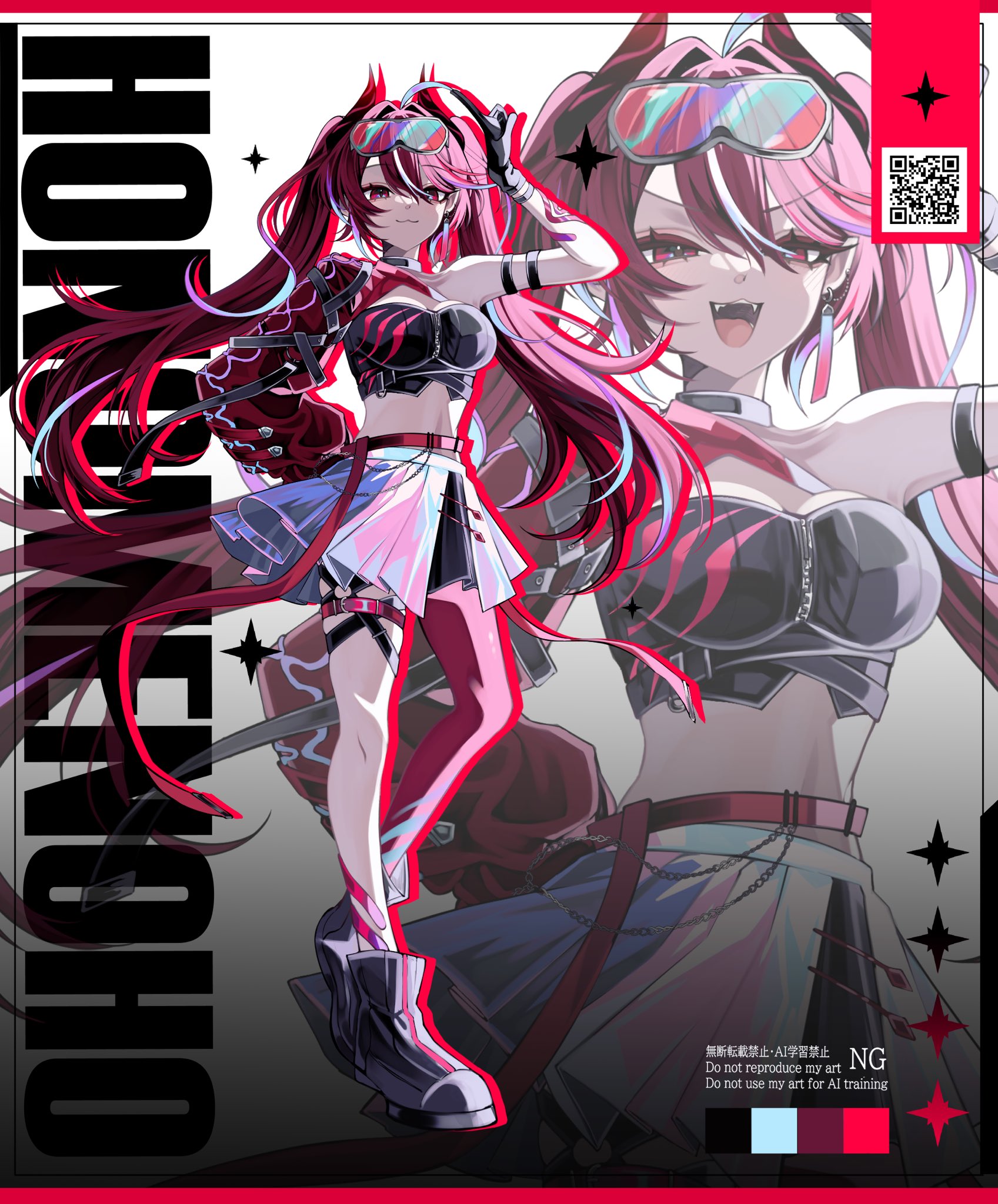 402 (o0 xxx), commentary request, highres, 1girl, arm up, asymmetrical legwear, black gloves, black shoes, black tube top, breasts, character name, color guide, different zoom layer, double-parted bangs, drop shadow, fangs, full body, gloves, goggles, goggles on head, hair between eyes, honome noho, large breasts, long hair, looking at viewer, miniskirt, mismatched legwear, multicolored hair, open mouth, qr code, red eyes, red hair, red thighhighs, shoes, single bare shoulder, single sleeve, single thighhigh, skirt, smile, strapless, streaked hair, thighhighs, tube top, valtra, virtual youtuber, white skirt, zoom layer
