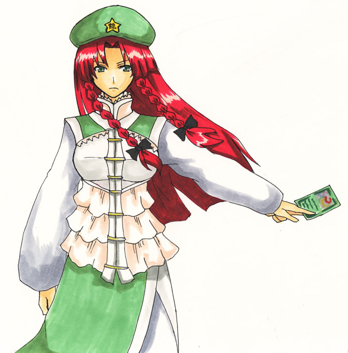reon (pixiv), reon (saikyou), hong meiling, touhou, 1girl, alternate costume, braid, card, embellished costume, female focus, green eyes, hat, holding, holding card, long hair, outstretched arm, red hair, solo, spell card, twin braids