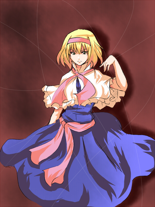 reon (pixiv), reon (saikyou), alice margatroid, touhou, 1girl, arm up, blonde hair, female focus, pink ribbon, puppet strings, ribbon, solo, string
