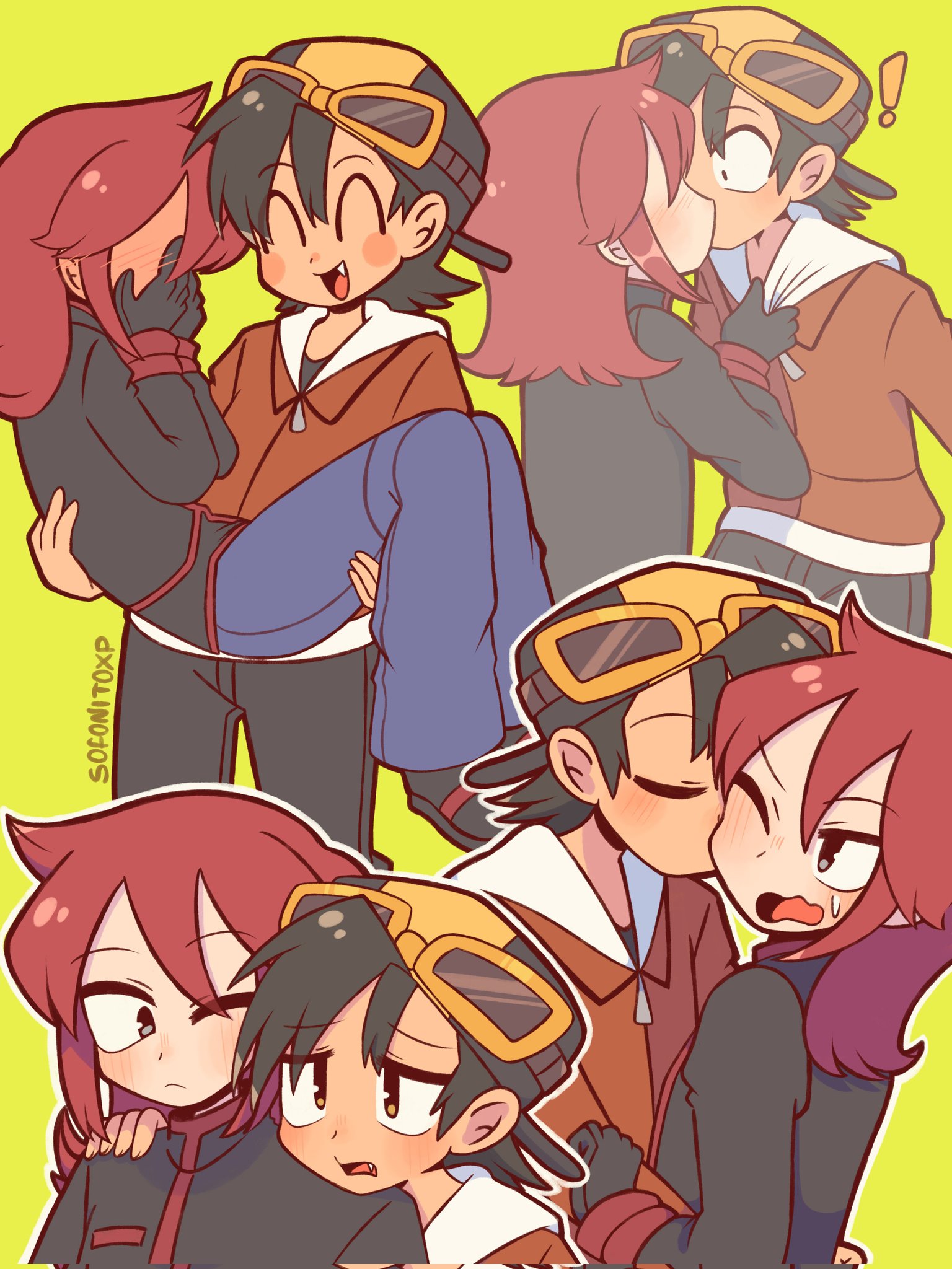 sofo soup, ethan (pokemon), silver (pokemon), nintendo, pokemon, pokemon hgss, corrupted twitter file, highres, !, 2boys, backwards hat, baseball cap, black gloves, black hat, blue pants, blush, carrying, closed mouth, dark-skinned male, dark skin, denim, fang, gloves, goggles, goggles on headwear, green background, grey eyes, hat, jacket, jeans, kiss, kissing cheek, long hair, long sleeves, multicolored hat, multiple boys, one eye closed, open mouth, pants, princess carry, red hair, red jacket, simple background, smile, yaoi, yellow hat, zipper pull tab