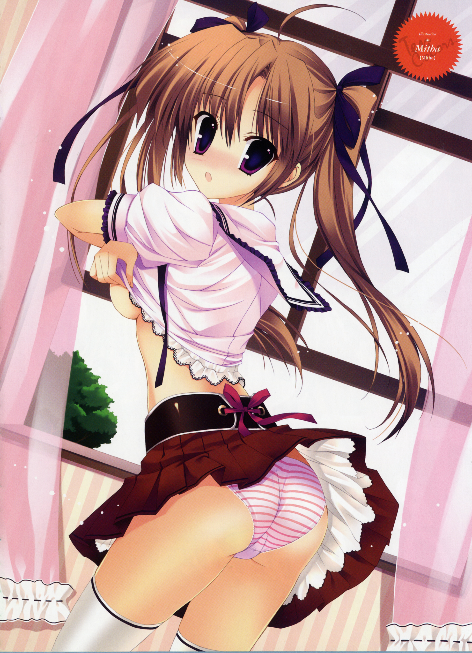 mitha, absurdres, highres, 1girl, ass, breasts, brown hair, female focus, hair ribbon, panties, purple eyes, ribbon, solo, striped clothes, striped panties, thighhighs, twintails, underboob, underwear, undressing, white thighhighs