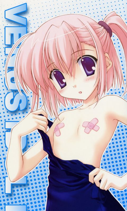 nanao naru, cropped, 1girl, bandaid, bandaids on nipples, blush, clothes pull, crossed bandaids, female focus, flat chest, one-piece swimsuit, one-piece swimsuit pull, open mouth, pasties, pink hair, ponytail, pulling own clothes, purple eyes, school swimsuit, short hair, side ponytail, solo, swimsuit, undressing