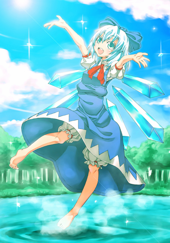 is ii, cirno, embodiment of scarlet devil, touhou, bad id, bad pixiv id, 1girl, barefoot, blue eyes, blue hair, circled 9, dress, feet, female focus, full body, matching hair/eyes, nature, outdoors, plant, sky, solo, wings
