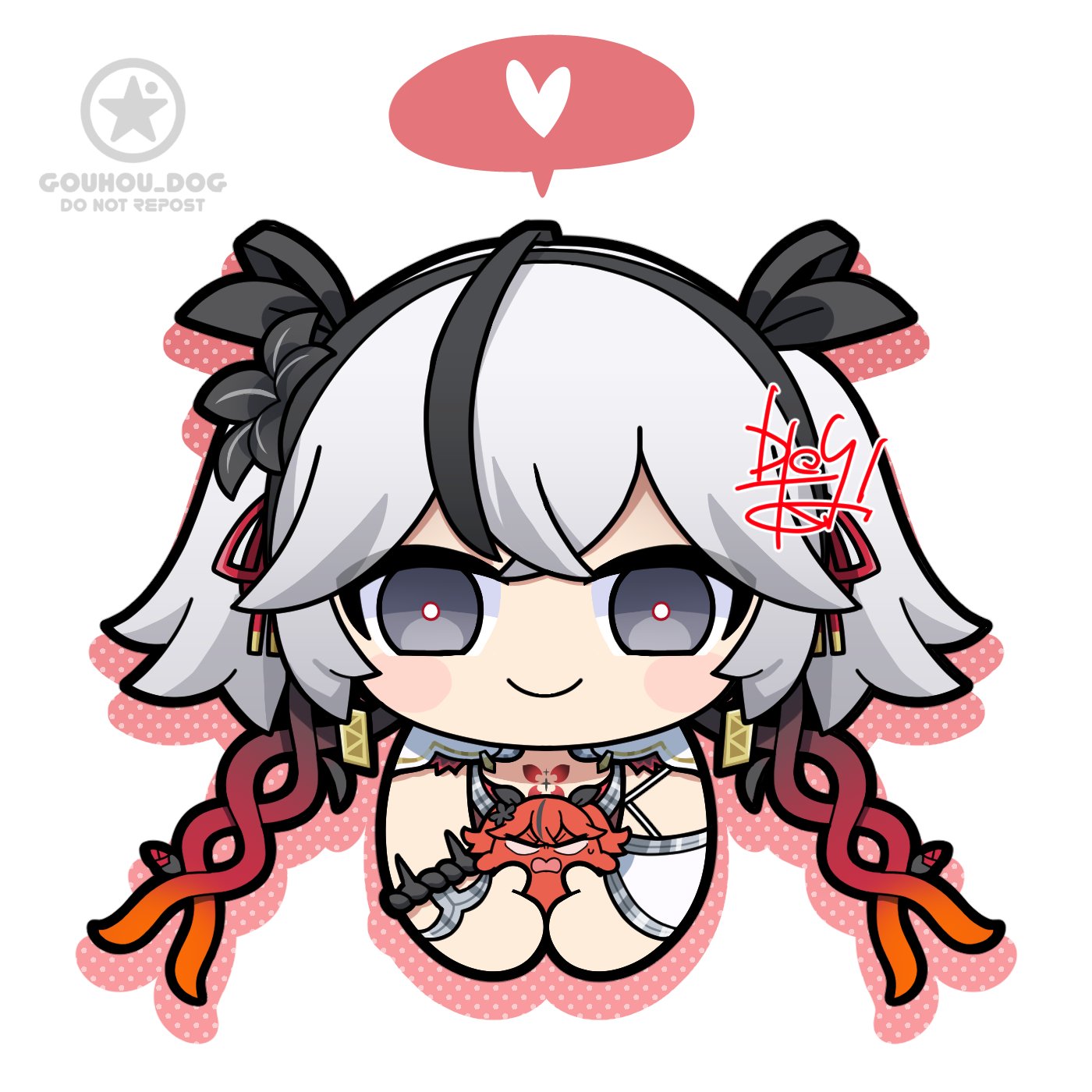 dog-san, camellya (wuthering waves), wuthering waves, commentary, highres, symbol-only commentary, 1girl, animalization, artist logo, black eyes, black flower, blake bloom (wuthering waves), blush stickers, camellya mascot (meme), closed mouth, dual persona, earrings, flower, gold earrings, grey hair, hair flower, hair ornament, hair ribbon, heart, holding, jewelry, logo, looking at viewer, meme, red pupils, red ribbon, ribbon, short hair, short twintails, simple background, smile, solo, spoken heart, straight-on, tacet mark (wuthering waves), twintails, white background