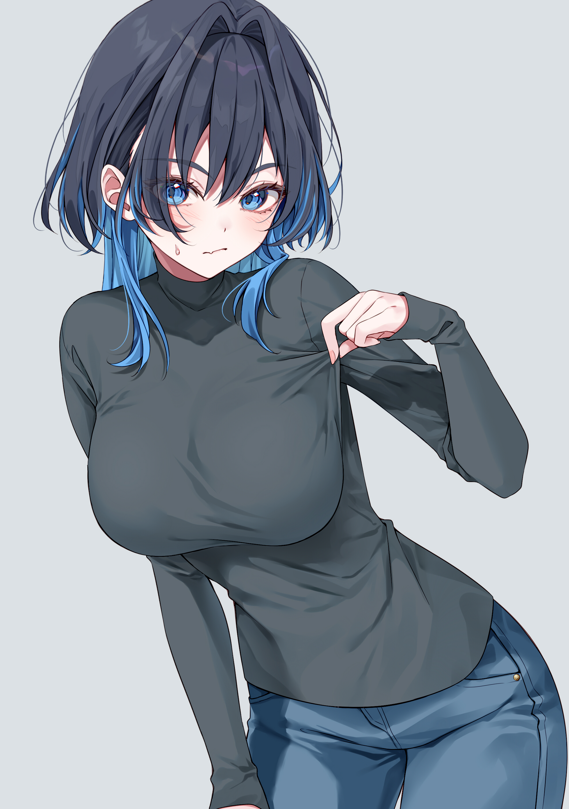 mogu (au1127), ouro kronii, hololive, hololive english, absurdres, commentary, hashtag-only commentary, highres, 1girl, alternate costume, black hair, black shirt, blue eyes, blue hair, blue pants, breasts, closed mouth, colored inner hair, cowboy shot, denim, grey background, hair intakes, jeans, large breasts, leaning forward, long hair, long sleeves, looking at viewer, multicolored hair, official alternate hairstyle, pants, shirt, simple background, sleeves past wrists, solo, turtleneck, virtual youtuber, wavy mouth, wolf cut