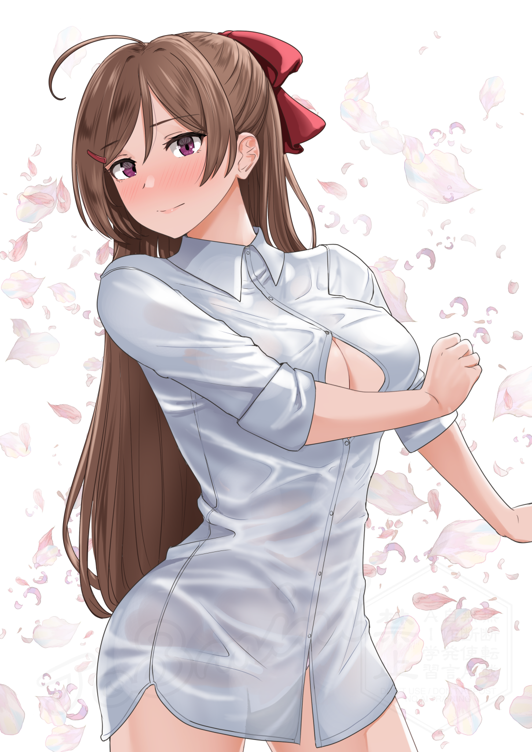 jouzaburou (joe3), mamiya (kancolle), kantai collection, commentary request, highres, 1girl, ahoge, blush, breasts, brown hair, cleavage, collared shirt, cowboy shot, dress shirt, half updo, large breasts, long hair, no pants, nose blush, open clothes, open shirt, panties, red eyes, shirt, sleeves rolled up, solo, underwear, white panties, white shirt