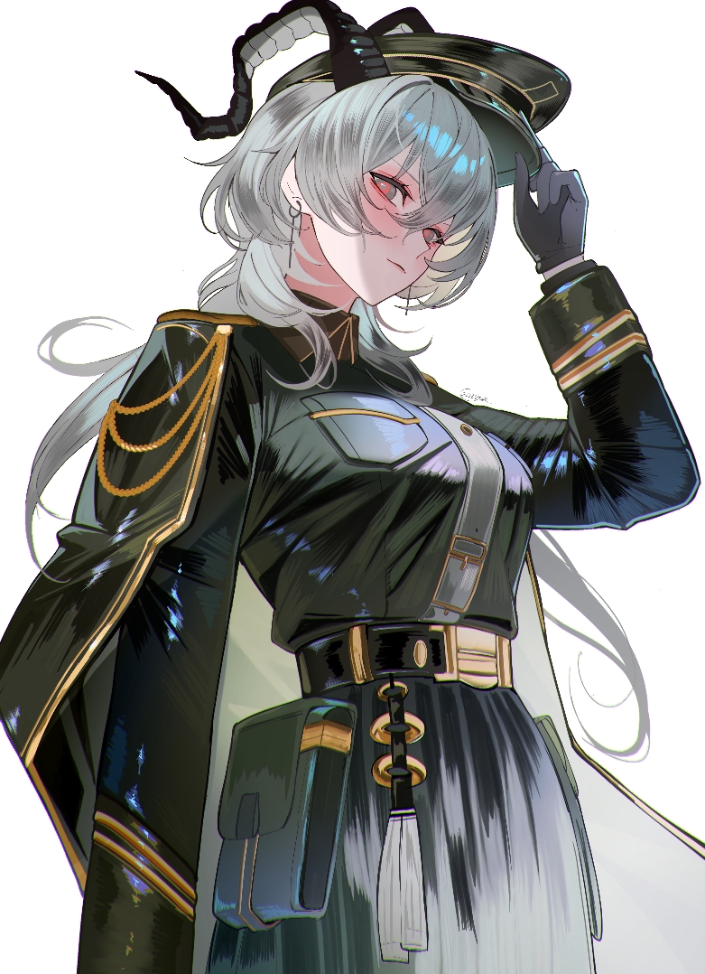 sanya (sanya lox228), zani (wuthering waves), wuthering waves, commentary, 1girl, alternate costume, black dress, black eyes, black gloves, black horns, breasts, closed mouth, cowboy shot, curled horns, dress, earrings, gloves, grey hair, hat, horns, jewelry, key earrings, large breasts, long hair, long sleeves, looking at viewer, multicolored eyes, peaked cap, red eyes, simple background, solo, two-tone eyes, white background