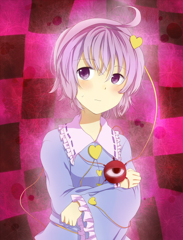 kutsushita, kutsushita (tokati r), komeiji satori, touhou, bad id, bad pixiv id, 1girl, ahoge, blush, female focus, hairband, heart, purple eyes, purple hair, short hair, solo